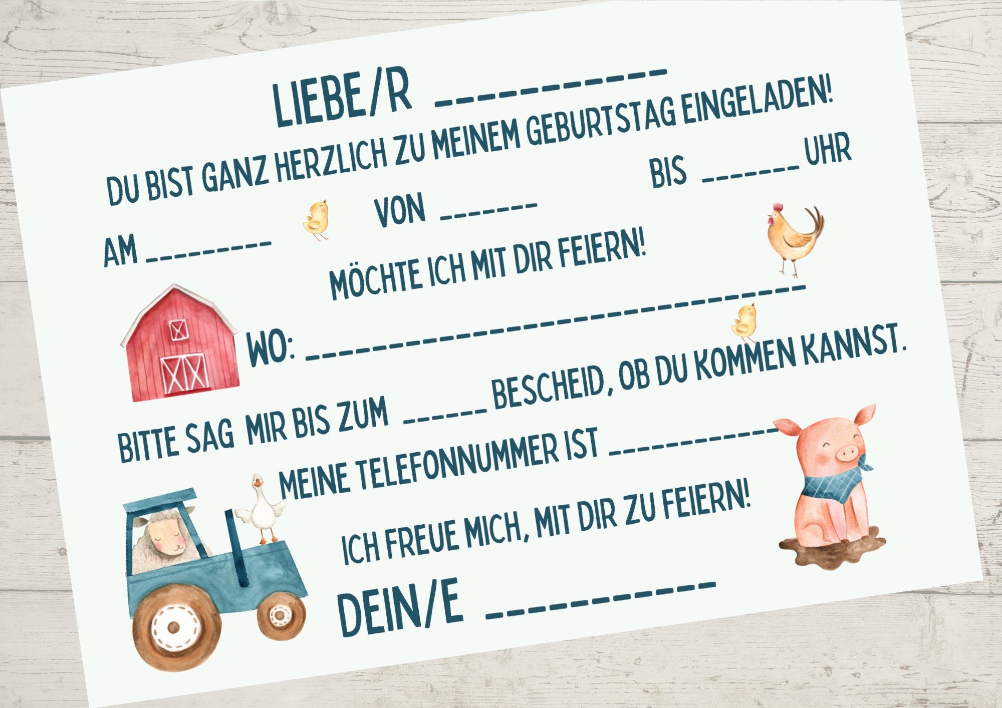 8 Einladungskarten für den geburtstag Bauernhof Bauernhoftiere Traktor Trecker