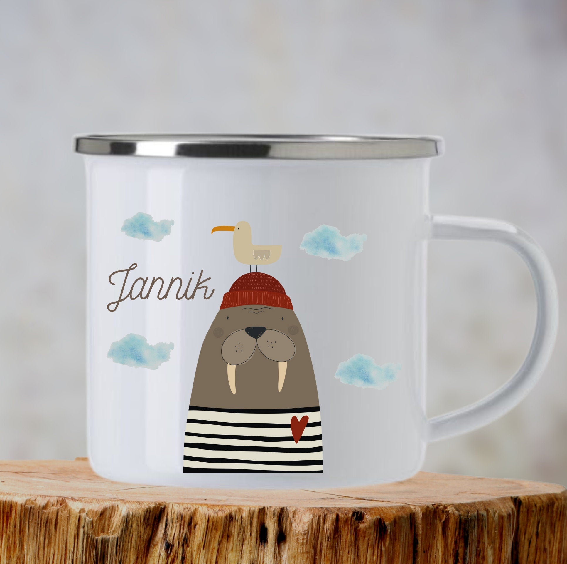 Emailletasse mit Namen personalisiert Seelöwe Seerobbe Meer Maritim Moin