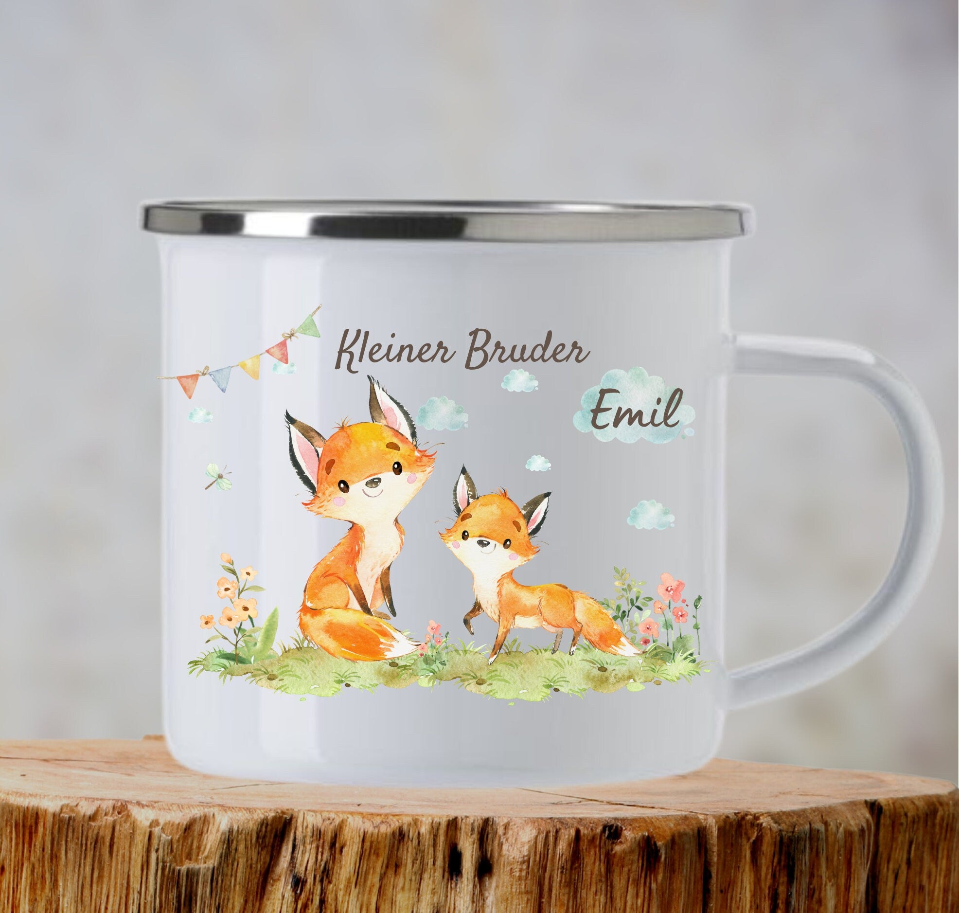 Emailletasse mit Namen personalisiert Fuchs Großer Bruder Schwester Kleiner Bruder Schwester