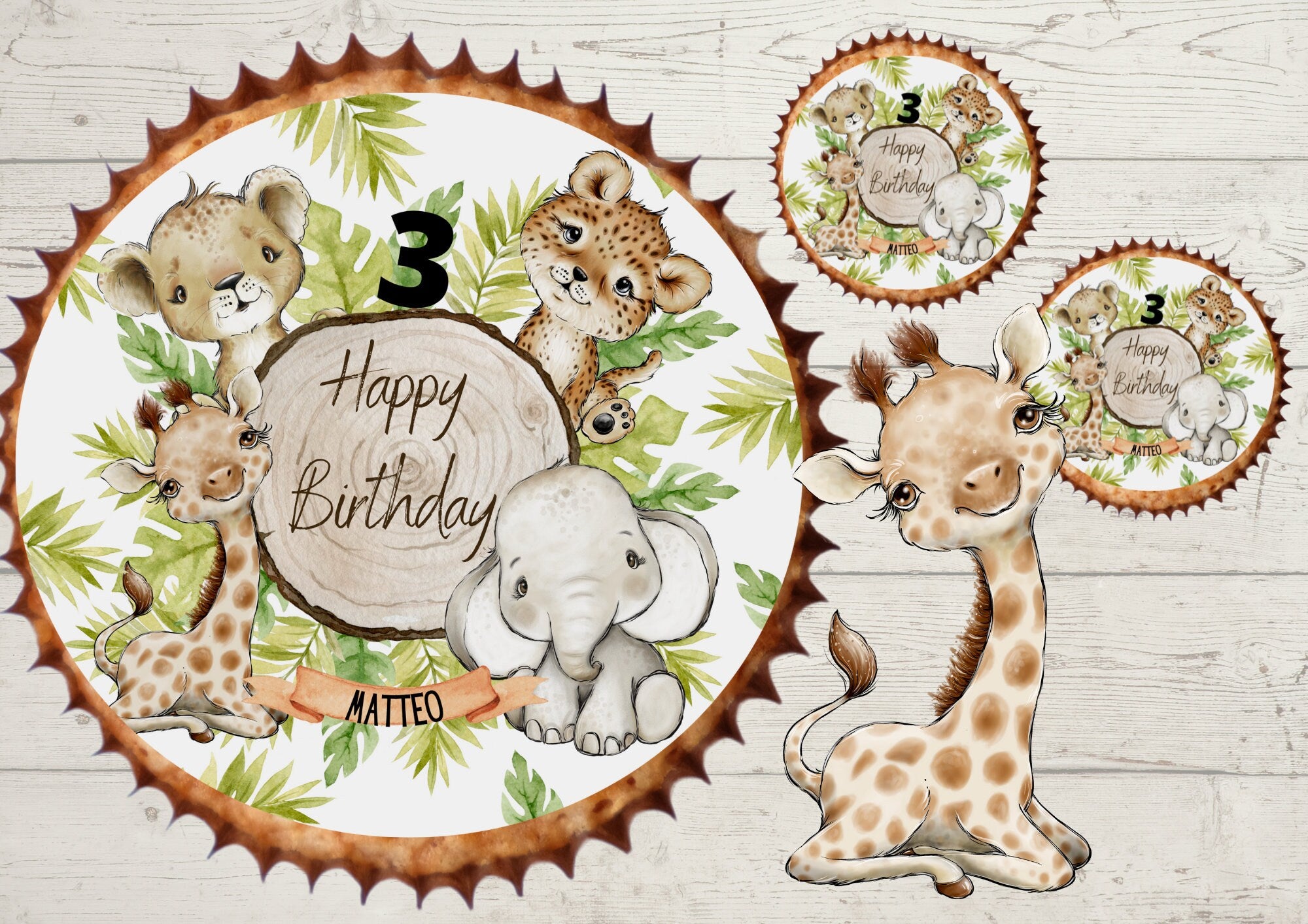 Muffinaufleger Fondant Geburtstag Dschungel Löwe Tiger Giraffe Elefant