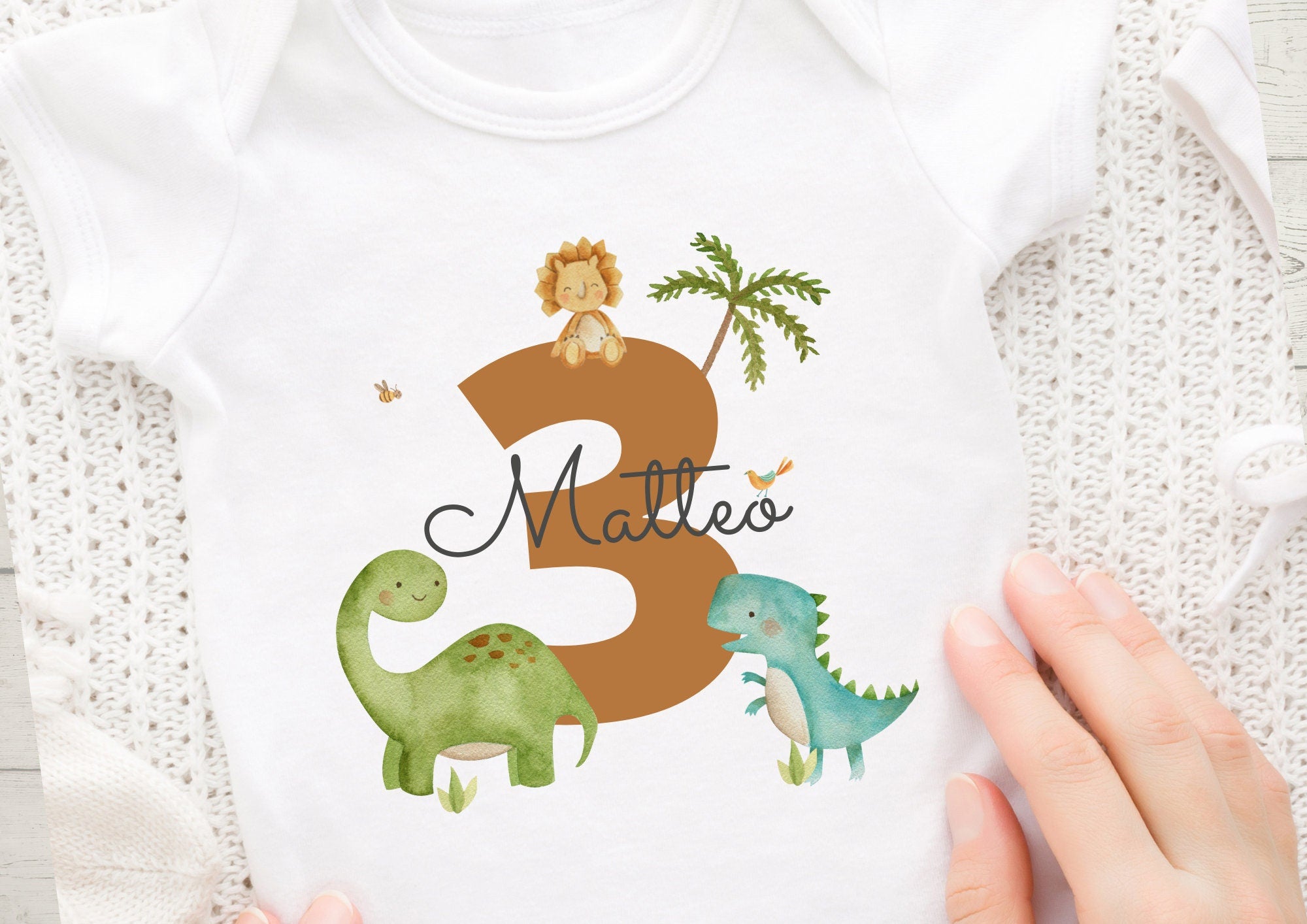 Bügelbild mit Wunschname und Alter personalisiert Geburtstagsshirt Dinosaurier Dino T-Rex