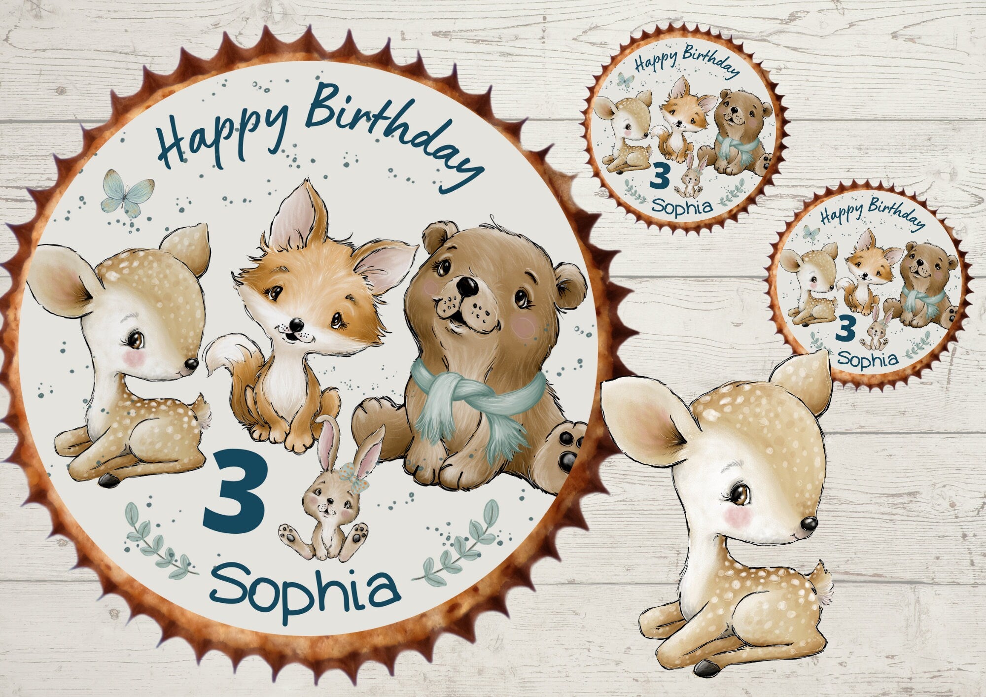 Muffinaufleger Fondant Geburtstag Waldtiere Fuchs Bär Reh