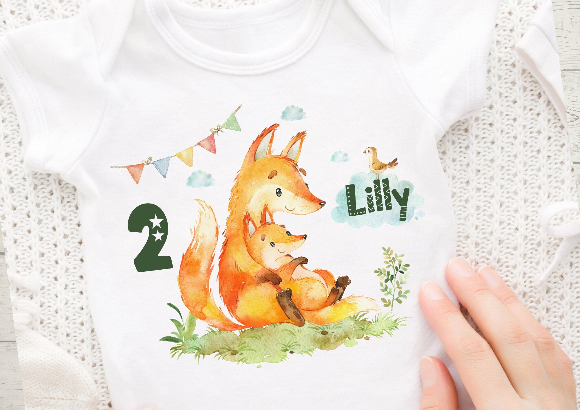 Bügelbild mit Wunschname und Alter personalisiert Fuchs Waldtiere Geburtstagsshirt