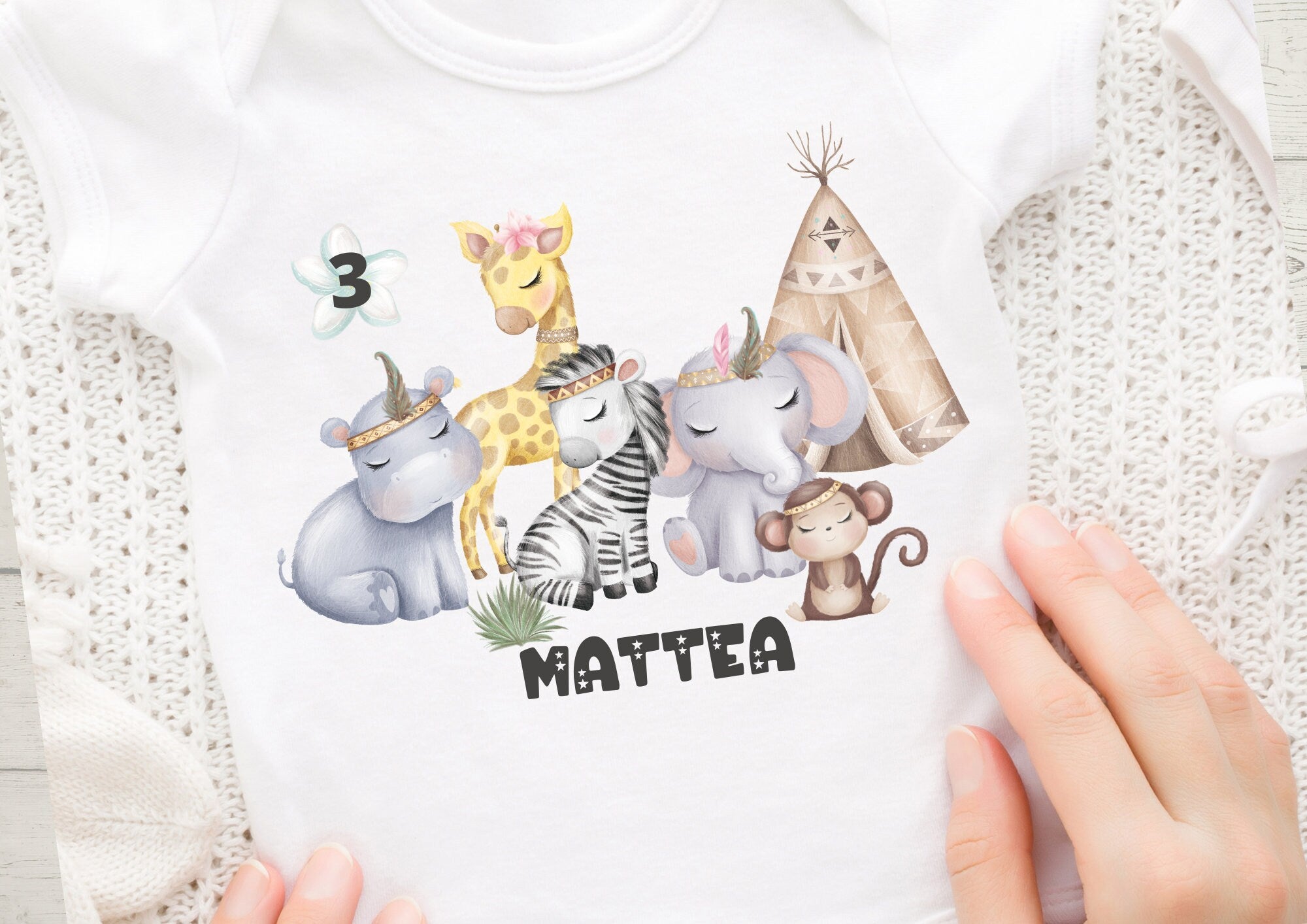 Bügelbild mit Wunschname und Alter personalisiert Dschungel Löwe Giraffe Zebra