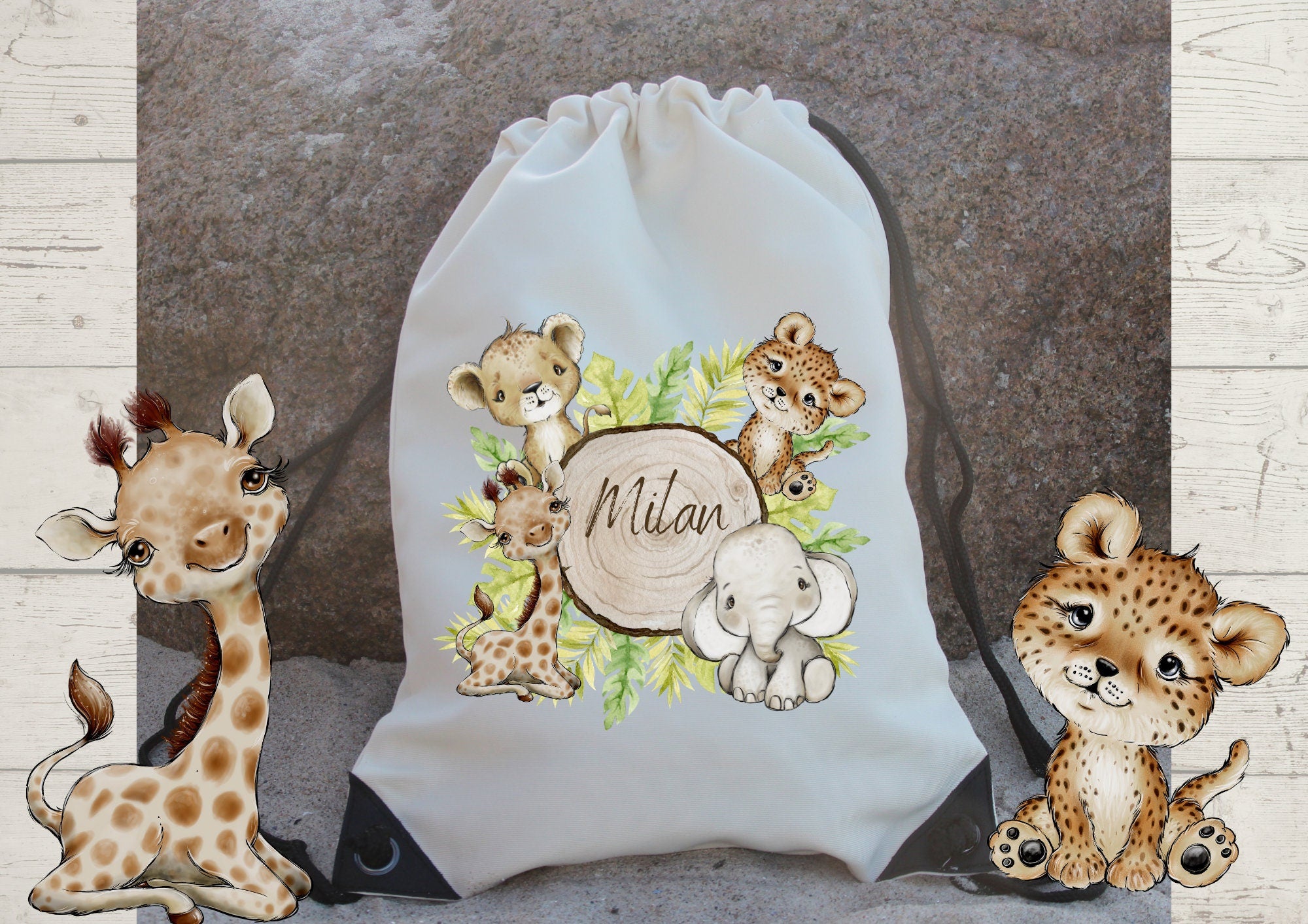 Turnbeutel mit Name personalisiert Dschungeltiere Safari Dschungel