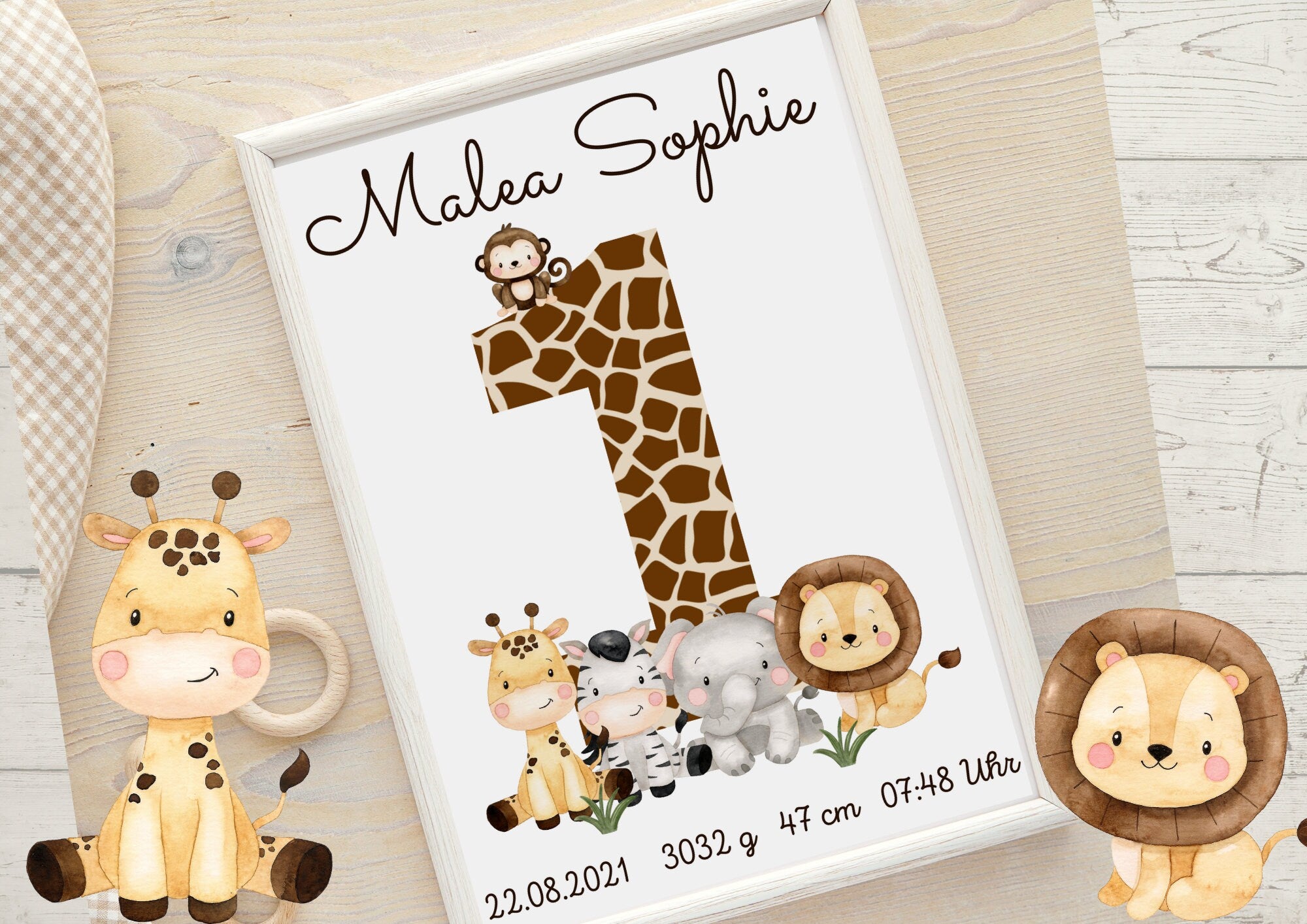 Geburtsanzeige Geburtsposter Geburtsdaten Geschenk zur Geburt Safaritiere Dschungeltiere Löwe Giraffe