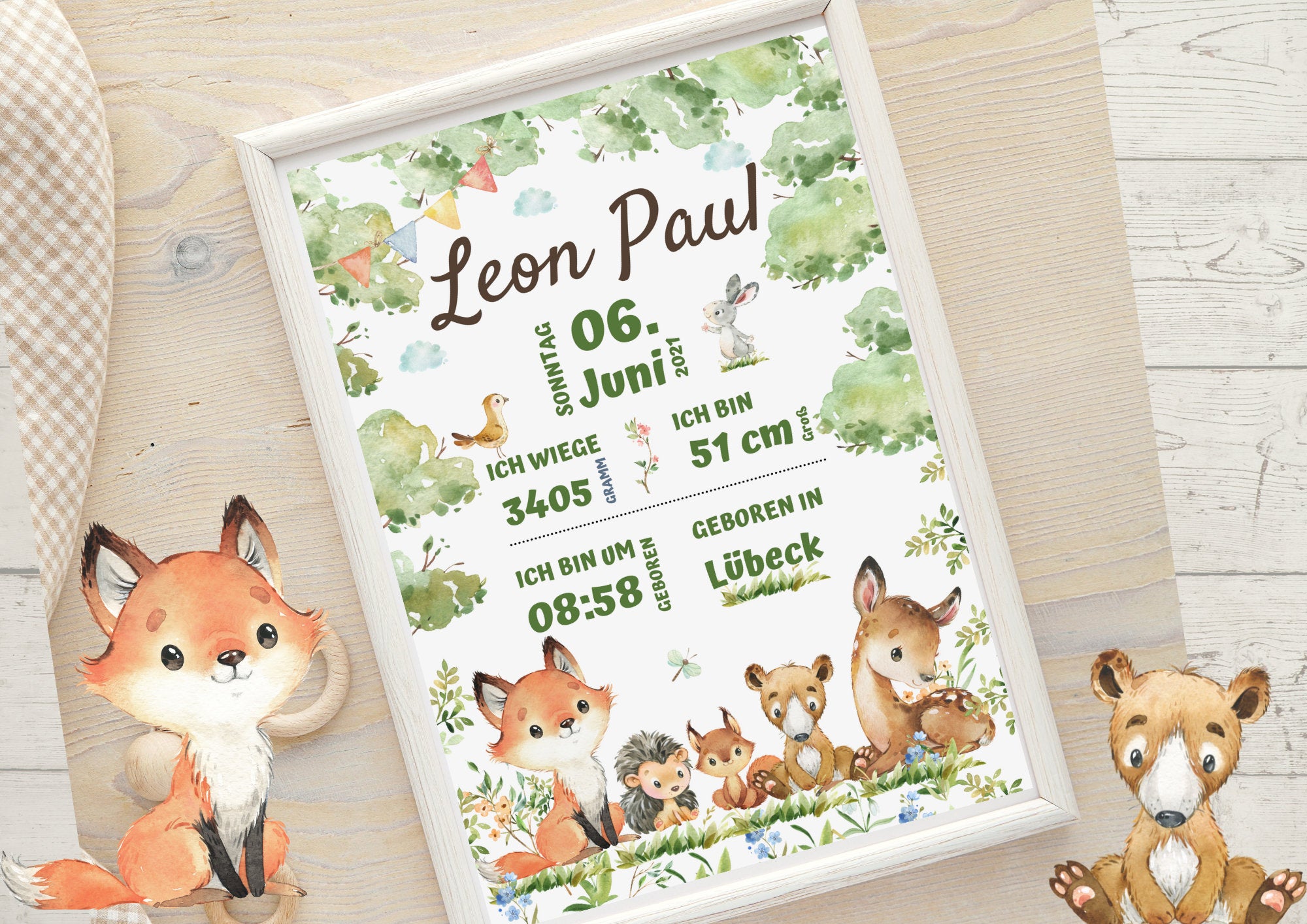 Geburtsanzeige Geburtsposter Geburtsdaten Geschenk zur Geburt Waldtiere Fuchs Reh