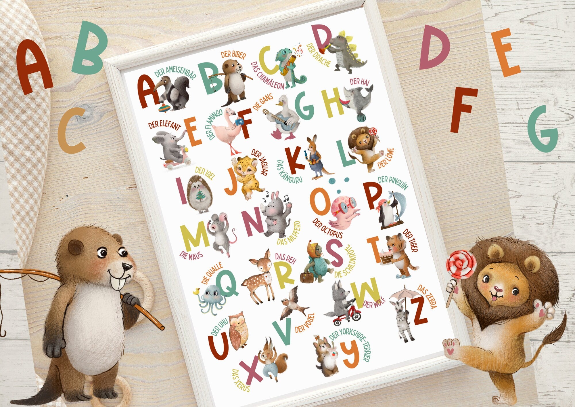 ABC Poster Alphabetposter Tiere Kunstdruck für das zimmer Babyzimmer Wandbilder Wanddeko Poster Druck