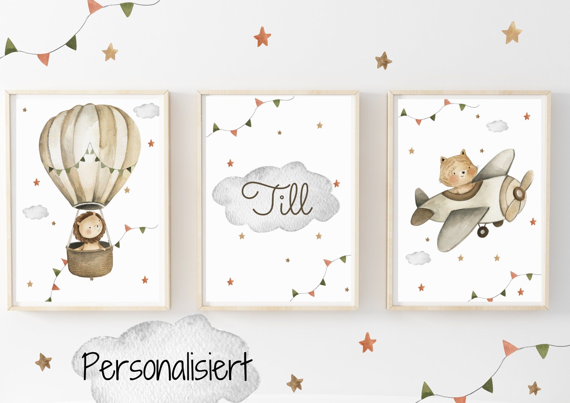 Kunstdruck für das zimmer Babyzimmer Wandbilder Wanddeko Poster Druck Löwe Heißluftballon Safaritiere