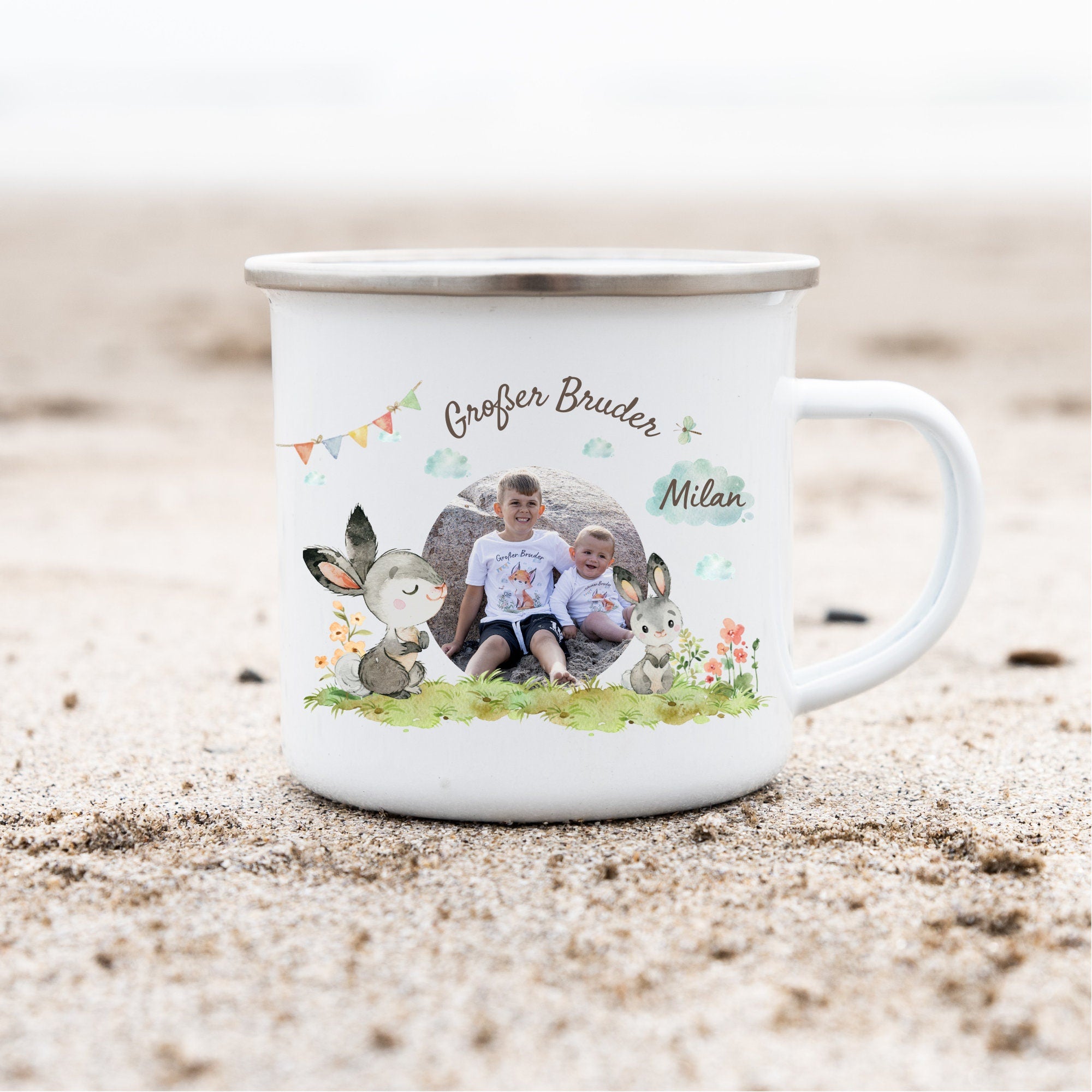 Emailletasse mit Namen und Foto personalisiert Hase Großer Bruder Schwester Kleiner Bruder Schwester