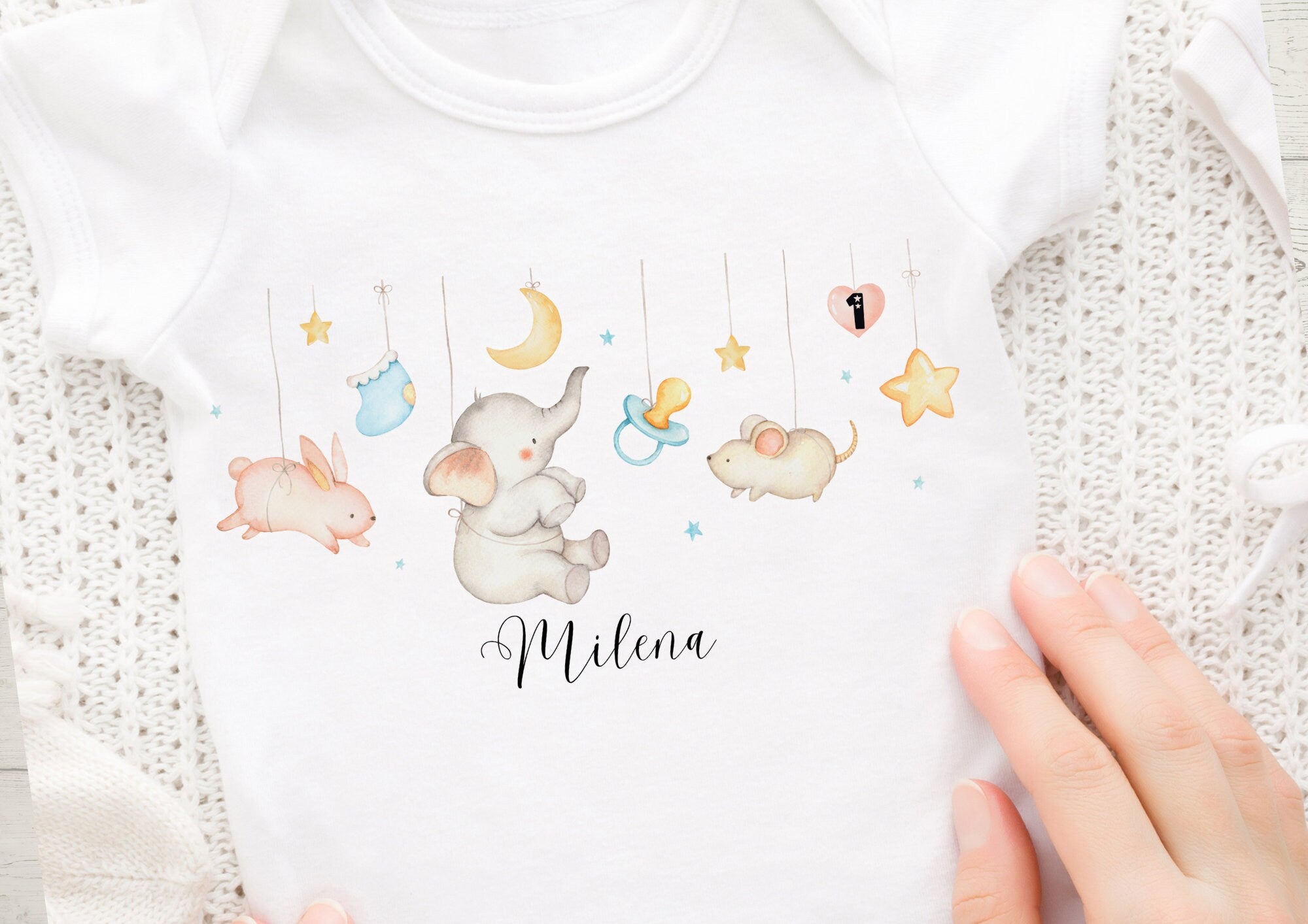 Bügelbild mit Wunschname und Alter personalisiert Fuchs Geburtstagsshirt Elefant Dschungel Himmel Baby