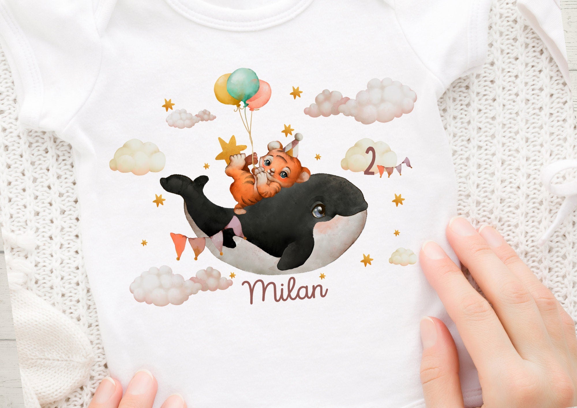 Bügelbild mit Wunschname und Alter personalisiert Fuchs Geburtstagsshirt Wal Tiger Luftballon Himmel