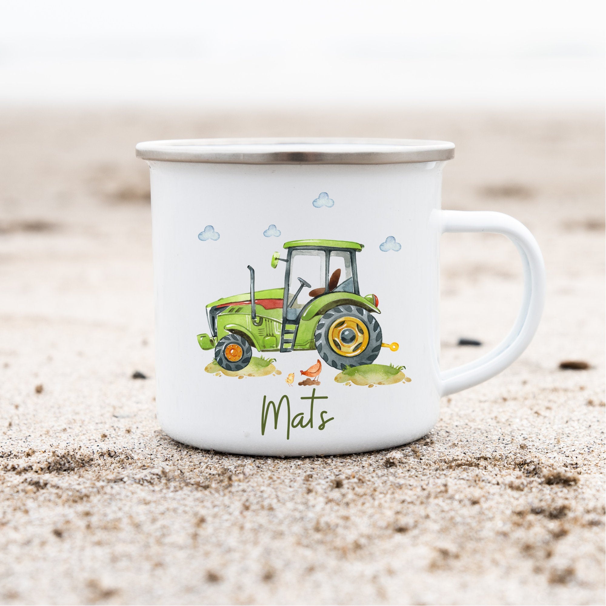 Emailletasse mit Namen personalisiert Traktor grün Trecker Bauernhof