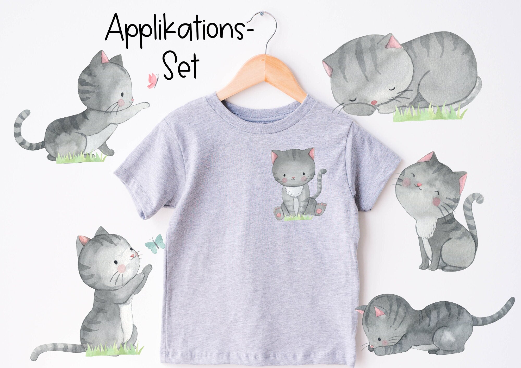 Set Bügelbild Applikation Katze Haustier Kitten Schmetterling zum Veredeln von Shirts Hosen Kleidung DTF Druck Applizierung