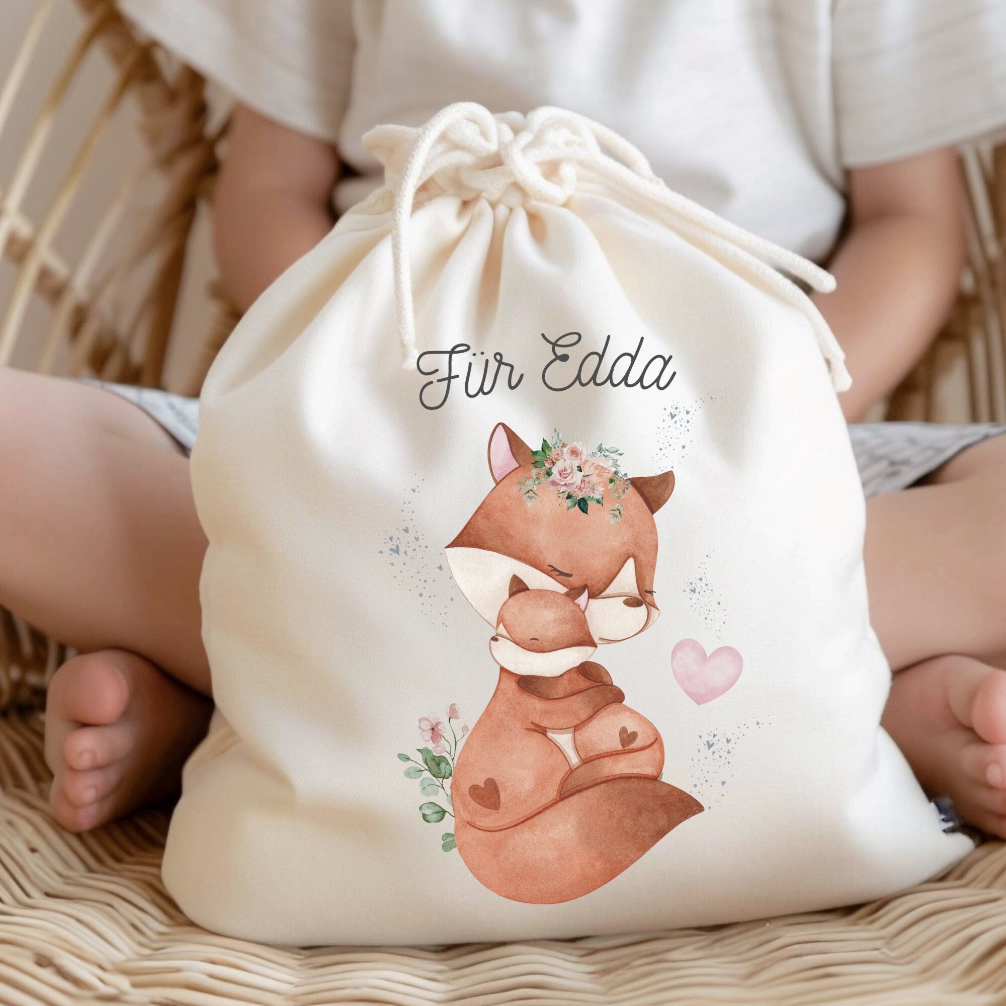 Geschenkbeutel Geschenkesäckchen personalisiert mit Name zum Geburtstag Waldtiere Fuchs Mama und Baby