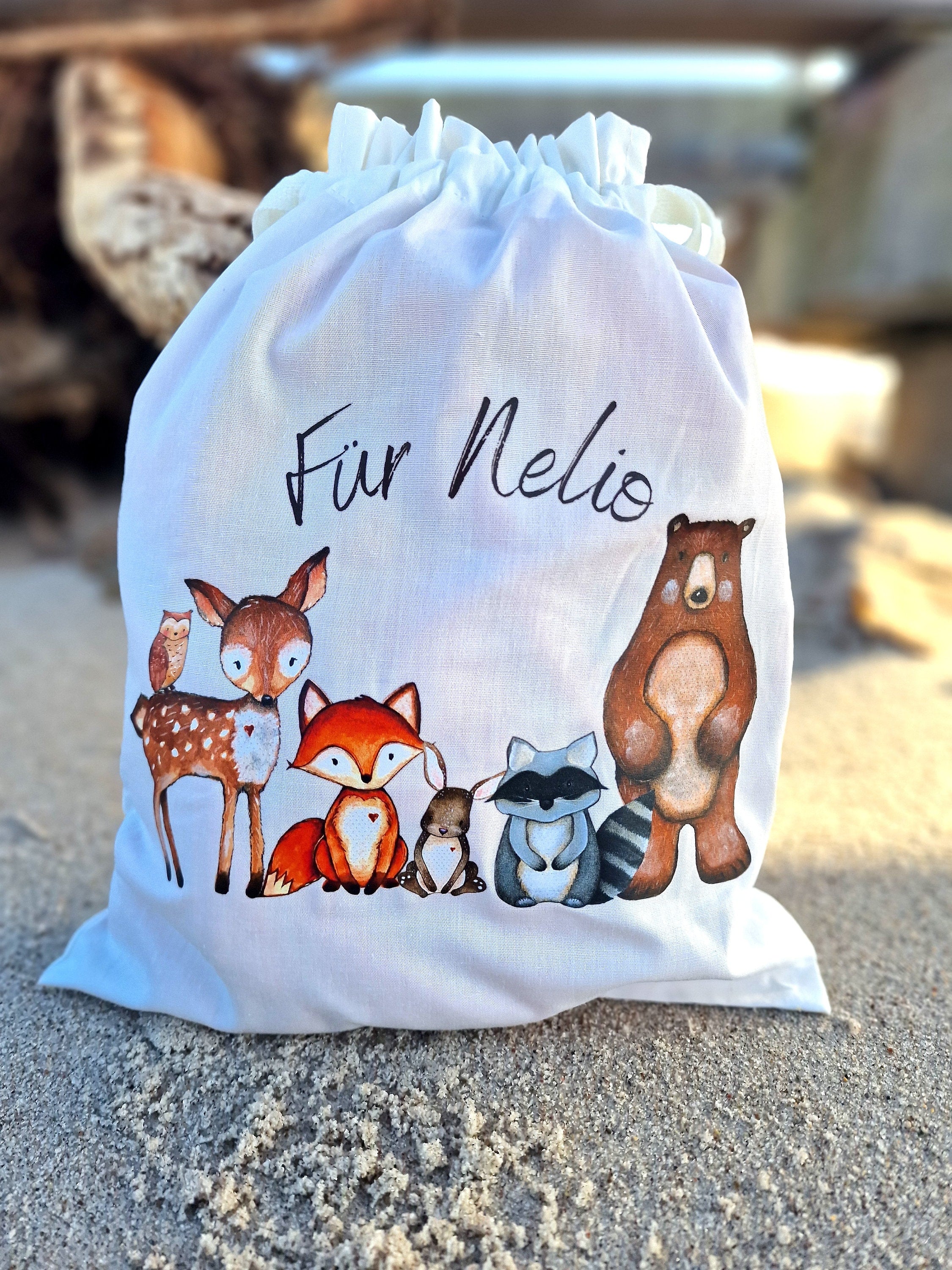 Geschenkbeutel Geschenkesäckchen personalisiert mit Name zum Geburtstag Waldtiere Fuchs Reh Hase Waschbär