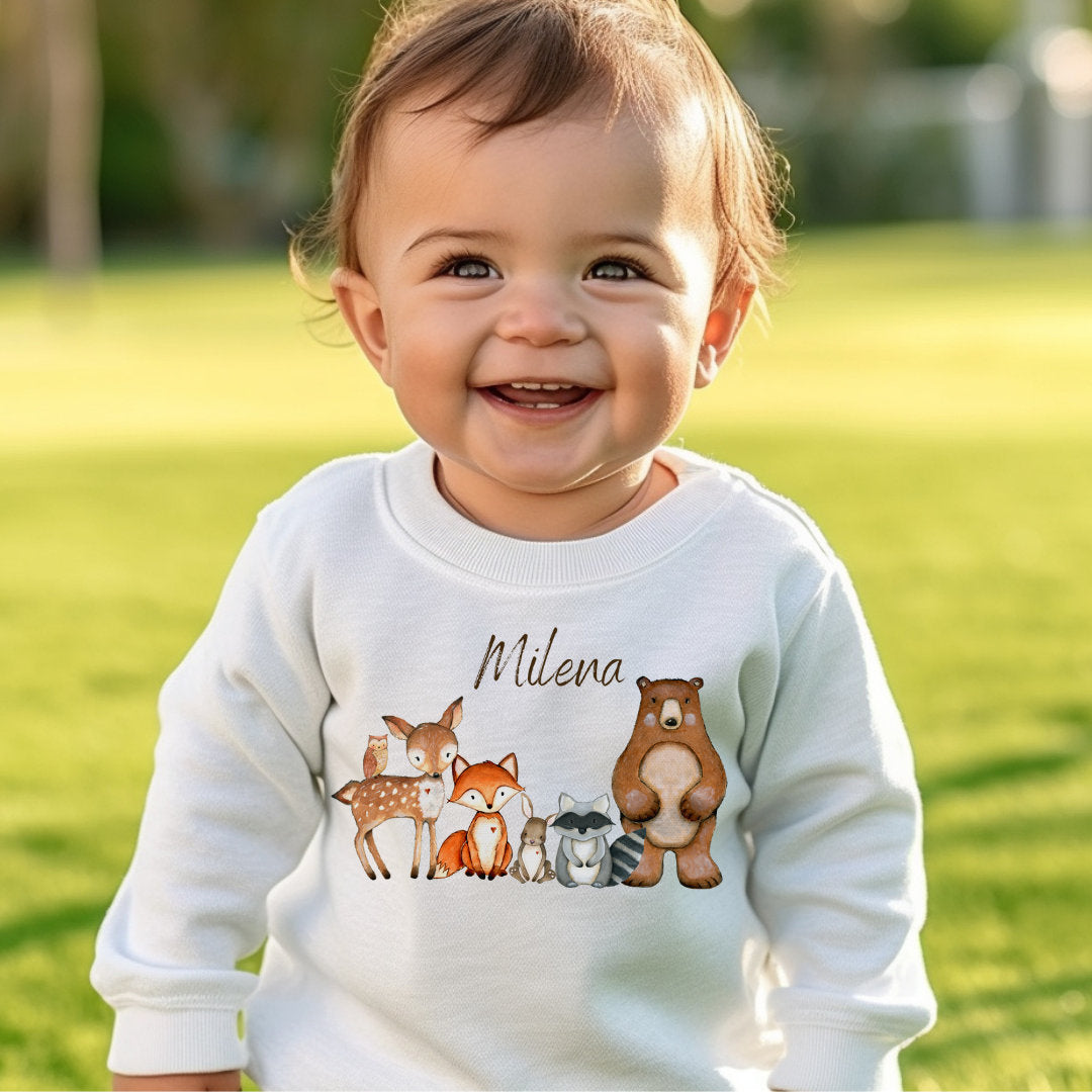 Pullover Sweatshirt Sweater personalisiert Kinderpullover Babypullover Pulli Regenbogen Waldtiere Bär Teddy Fuchs