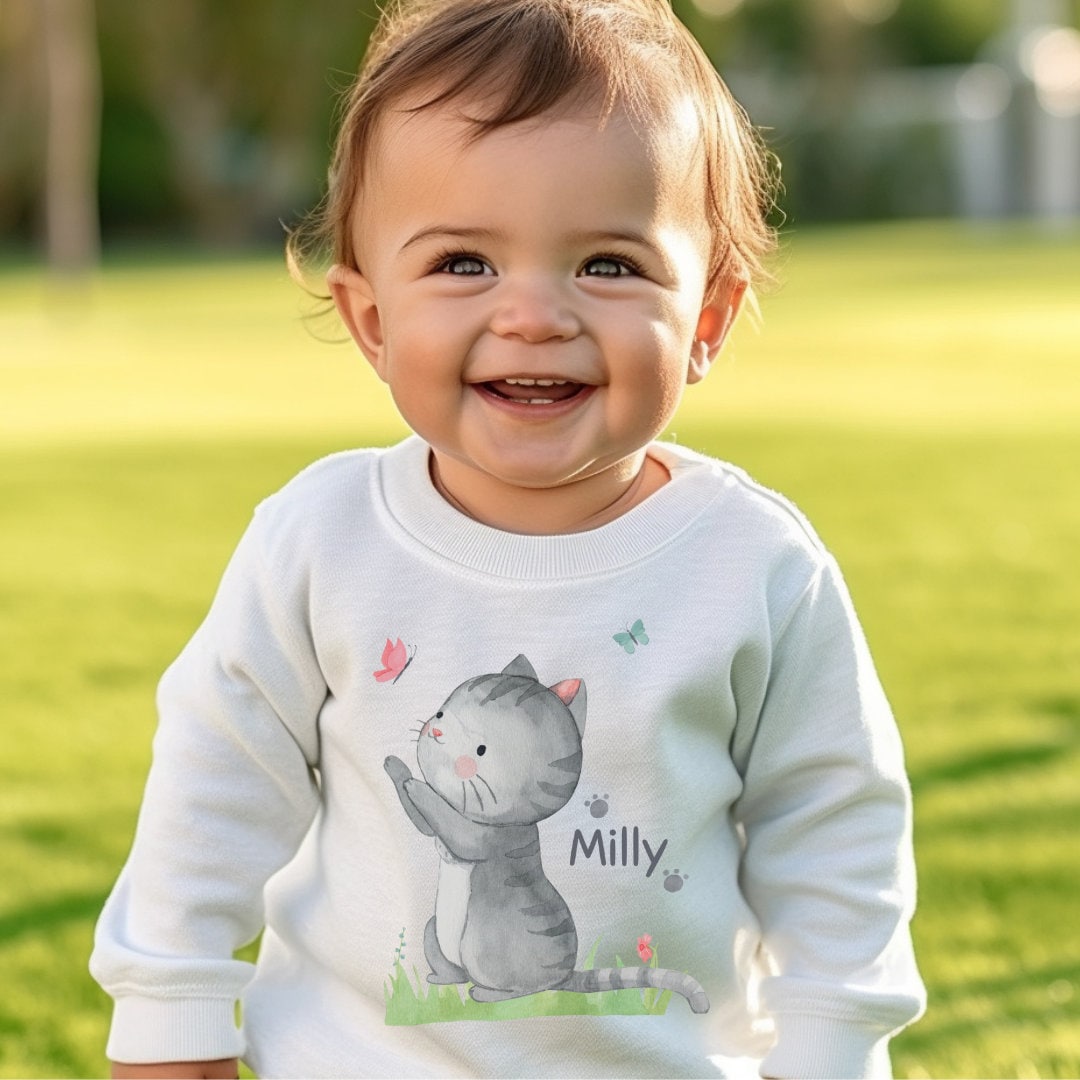 Pullover Sweatshirt Sweater personalisiert Kinderpullover Babypullover Pulli Katze Kitten Schmetterling