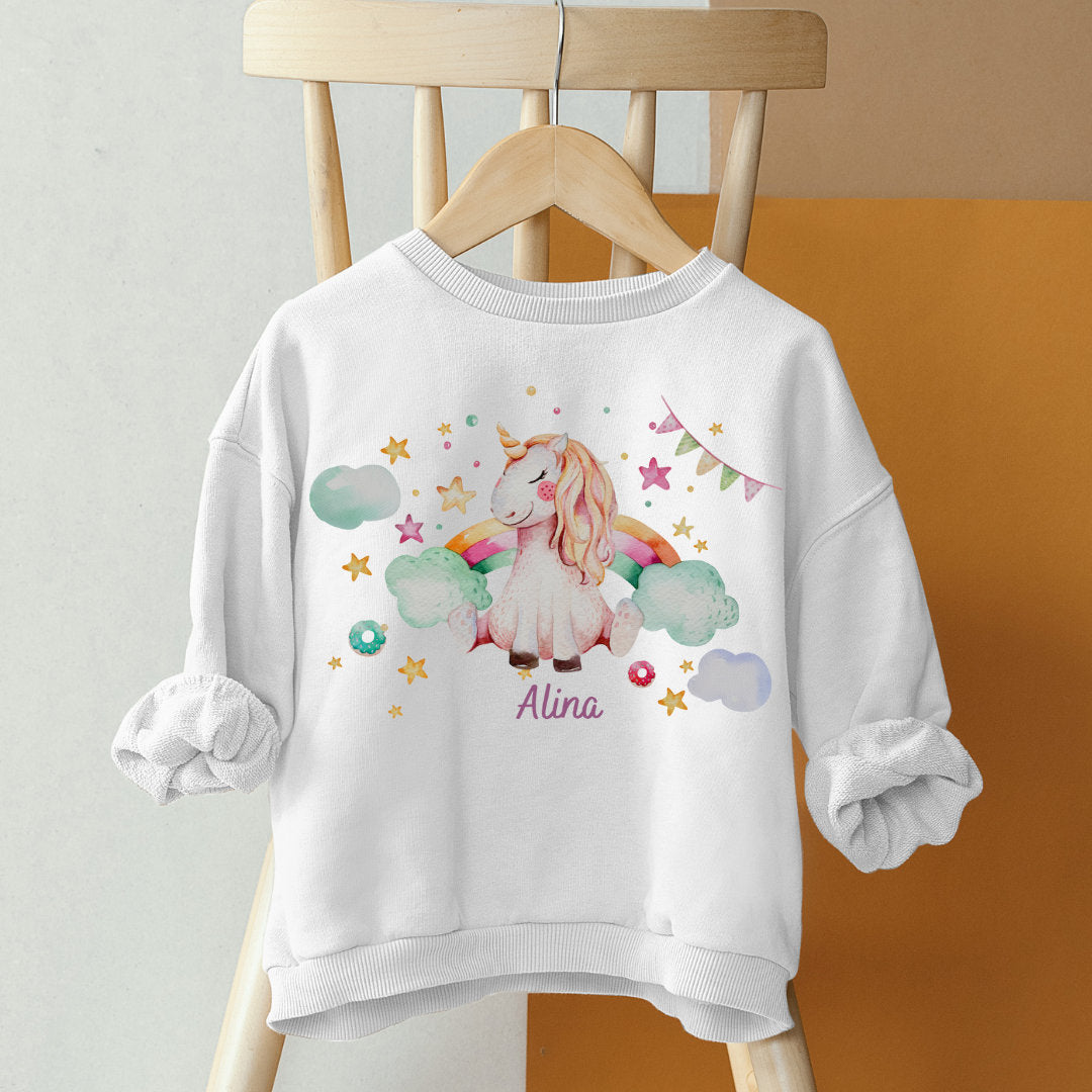 Pullover Sweatshirt Sweater personalisiert Kinderpullover Babypullover Einhorn Regenbogen Glitzerstaub Sterne