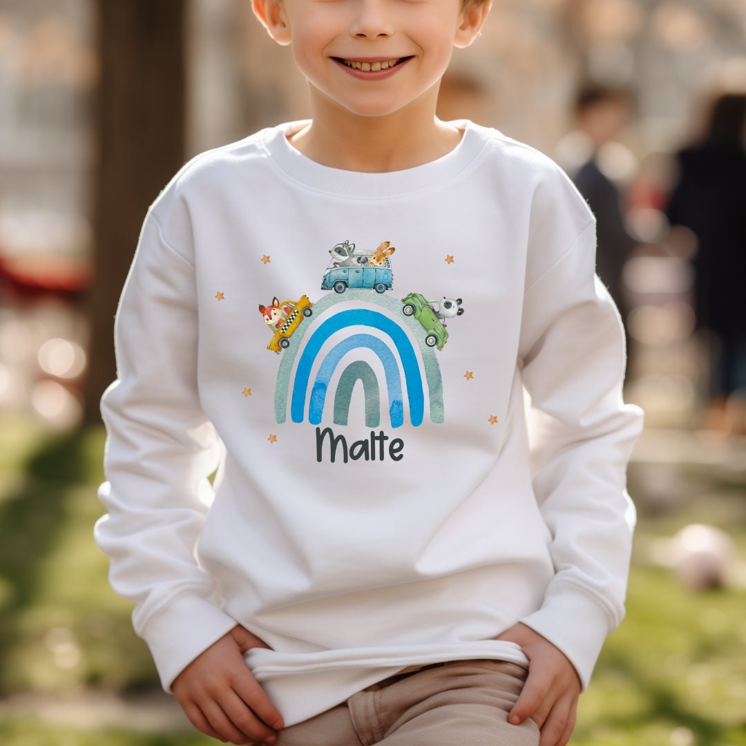Pullover Sweatshirt Sweater personalisiert Kinderpullover Pulli Regenbogen Autos Fahrzeuge