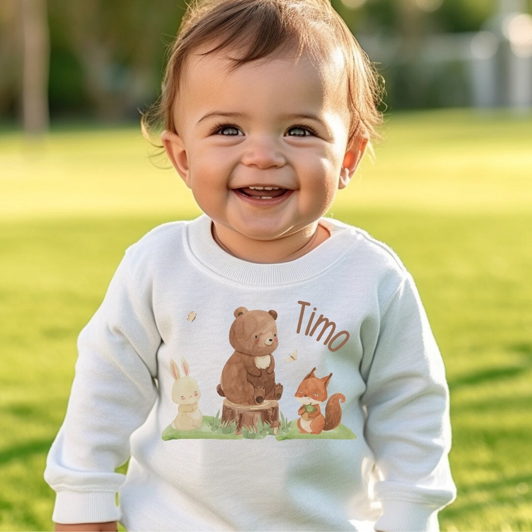 Pullover Sweatshirt Sweater personalisiert Kinderpullover Babypullover Pulli Regenbogen Waldtiere Bär Teddy
