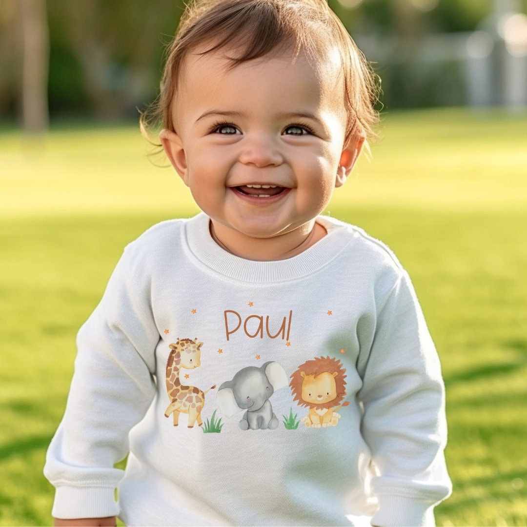 Pullover Sweatshirt Sweater personalisiert Kinderpullover Babypullover Pulli Dschungeltiere Löwe Giraffe Elefant