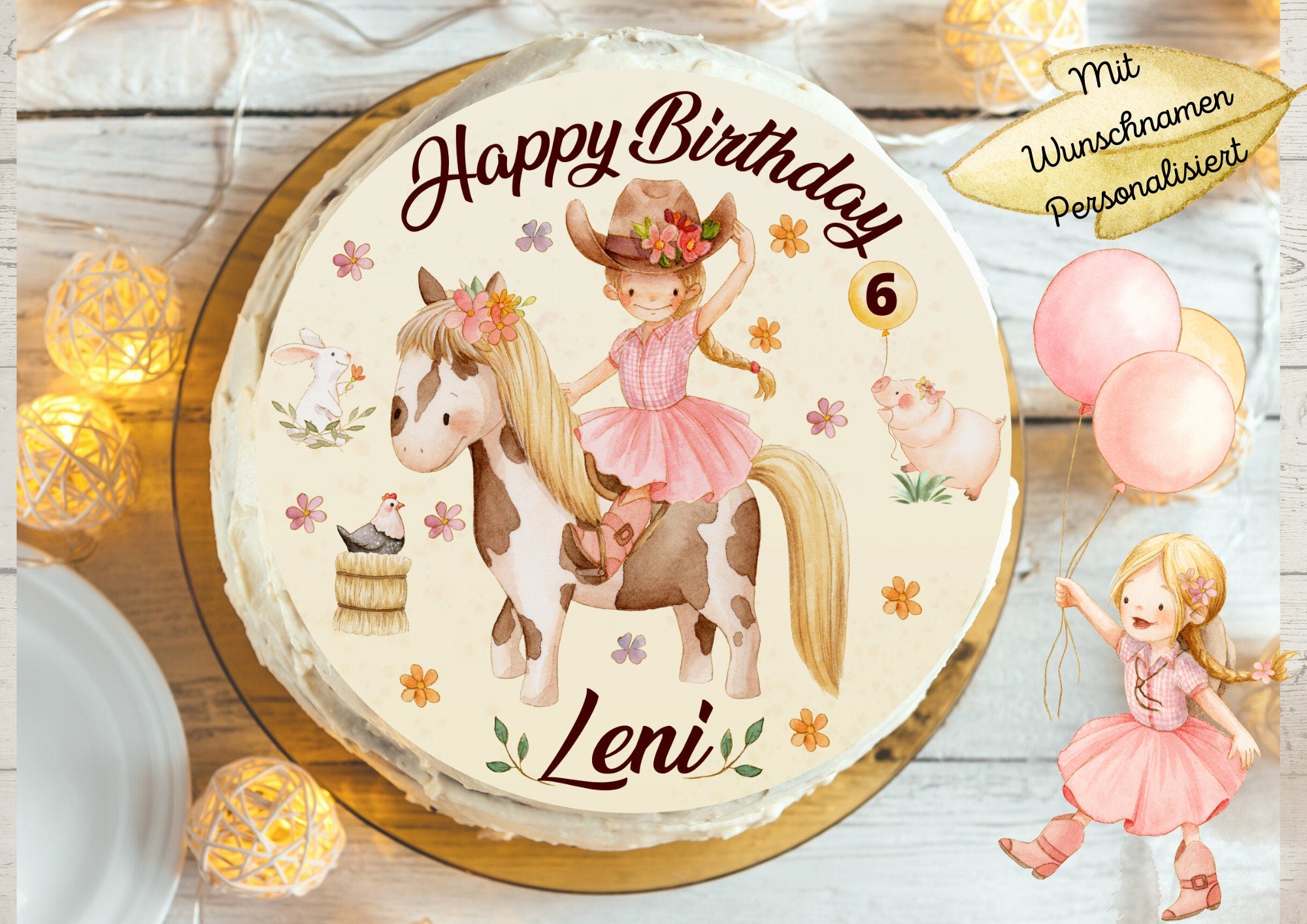 Tortenaufleger Pferd & Cowgirl – personalisiert mit Name und Zahl – Fondantbild Geburtstag – Western-Motiv – Ø 20 cm – Party Decor