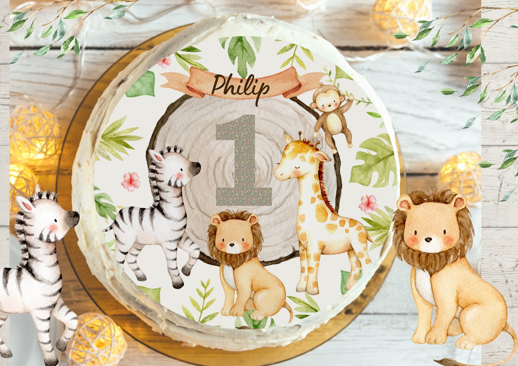 Tortenaufleger Fondant Geburtstag Löwe Elefant Dschungel – Party Decor
