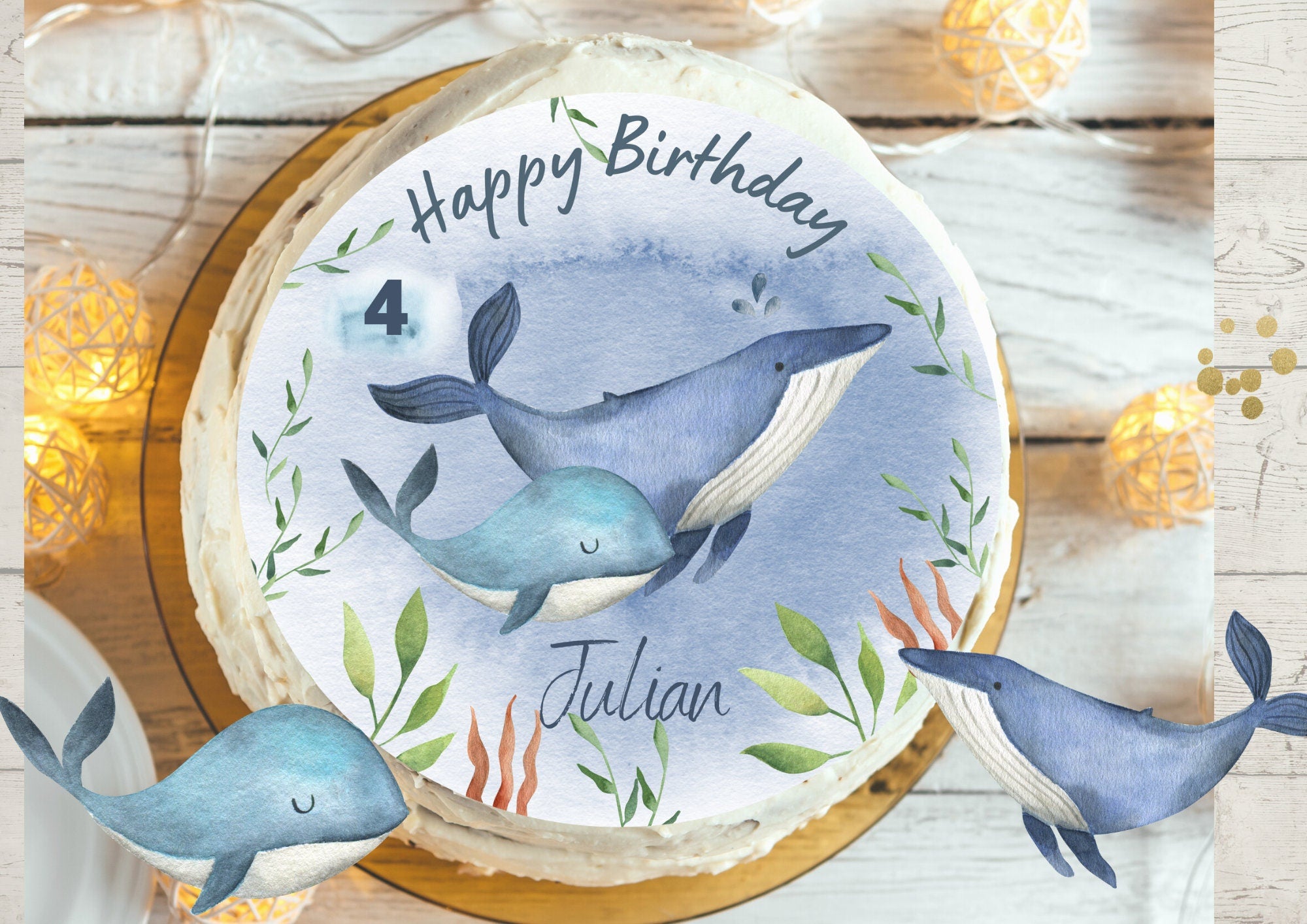 Tortenaufleger Wal mit Wunschname und Alter personalisiert – Fondant Orca Meer Geburtstag Unterwasser Deko – Party Decor