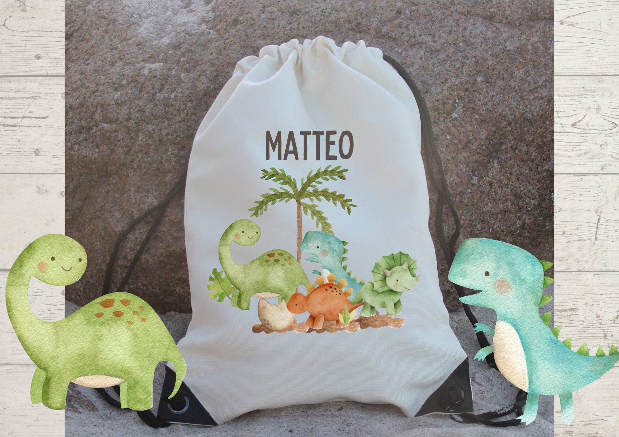 Turnbeutel Zugbandbeutel mit Name personalisiert Dino Dinosaurier – Team Sports & Gym Bags