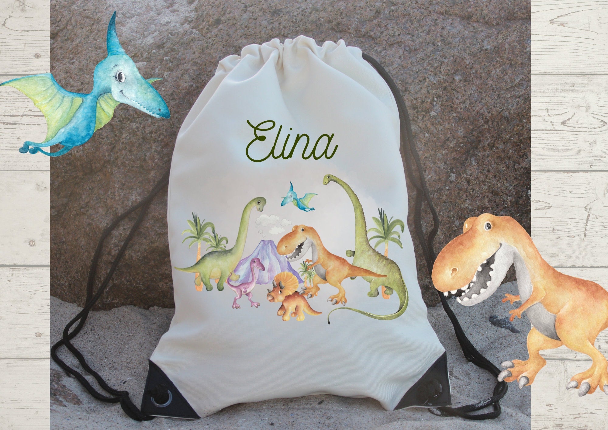 Turnbeutel mit Name personalisiert Dino Dinosaurier T-Rex Tyrannosaurus – Team Sports & Gym Bags