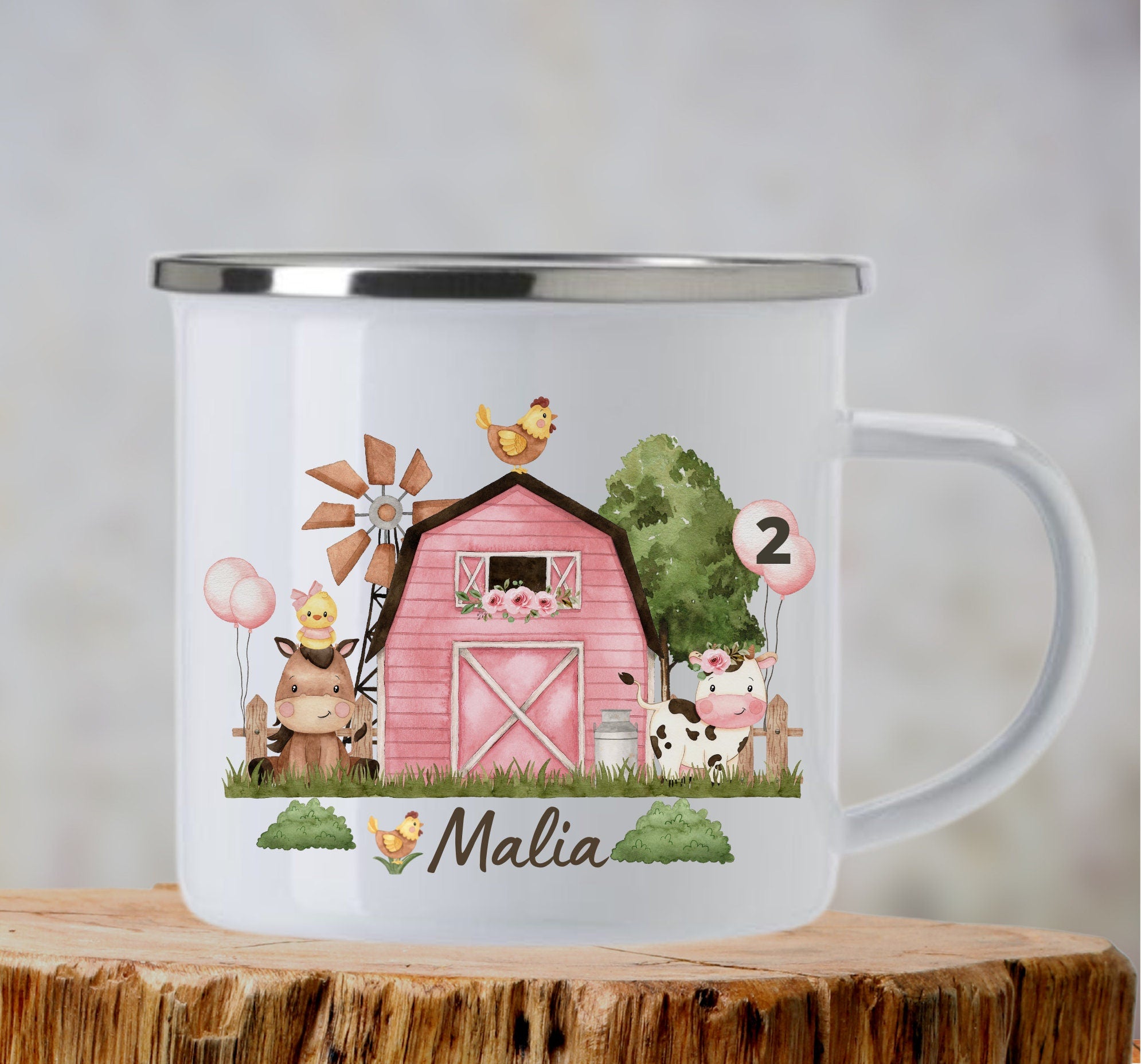 Emailletasse Tasse Becher mit Namen personalisiert Bauernhof Bauernhoftiere