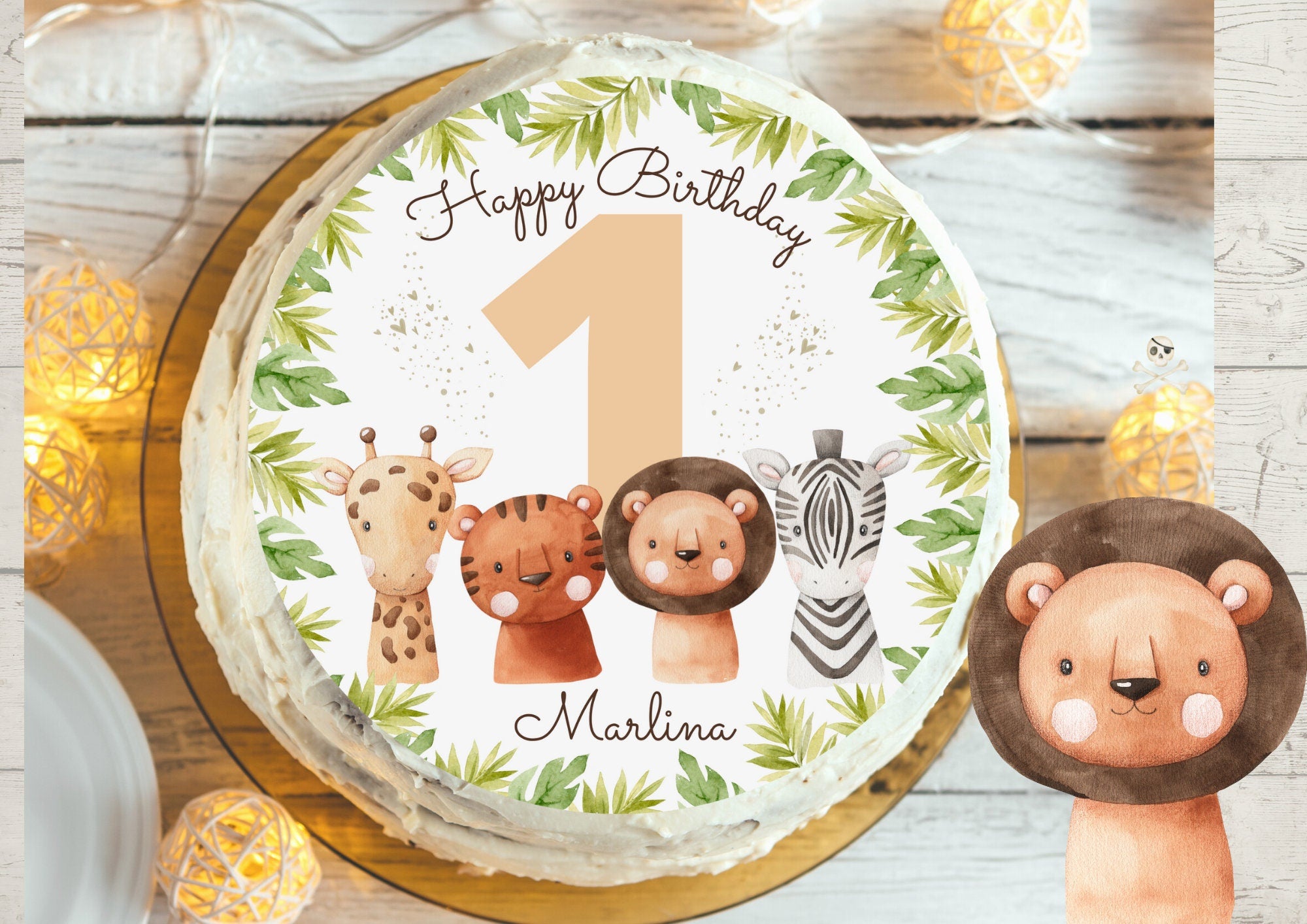Boho Tortenaufleger Safari – personalisiert mit Name & Zahl – Dschungeltiere Geburtstag – Fondantbild für – Löwe, Giraffe, Zebra – Party Decor