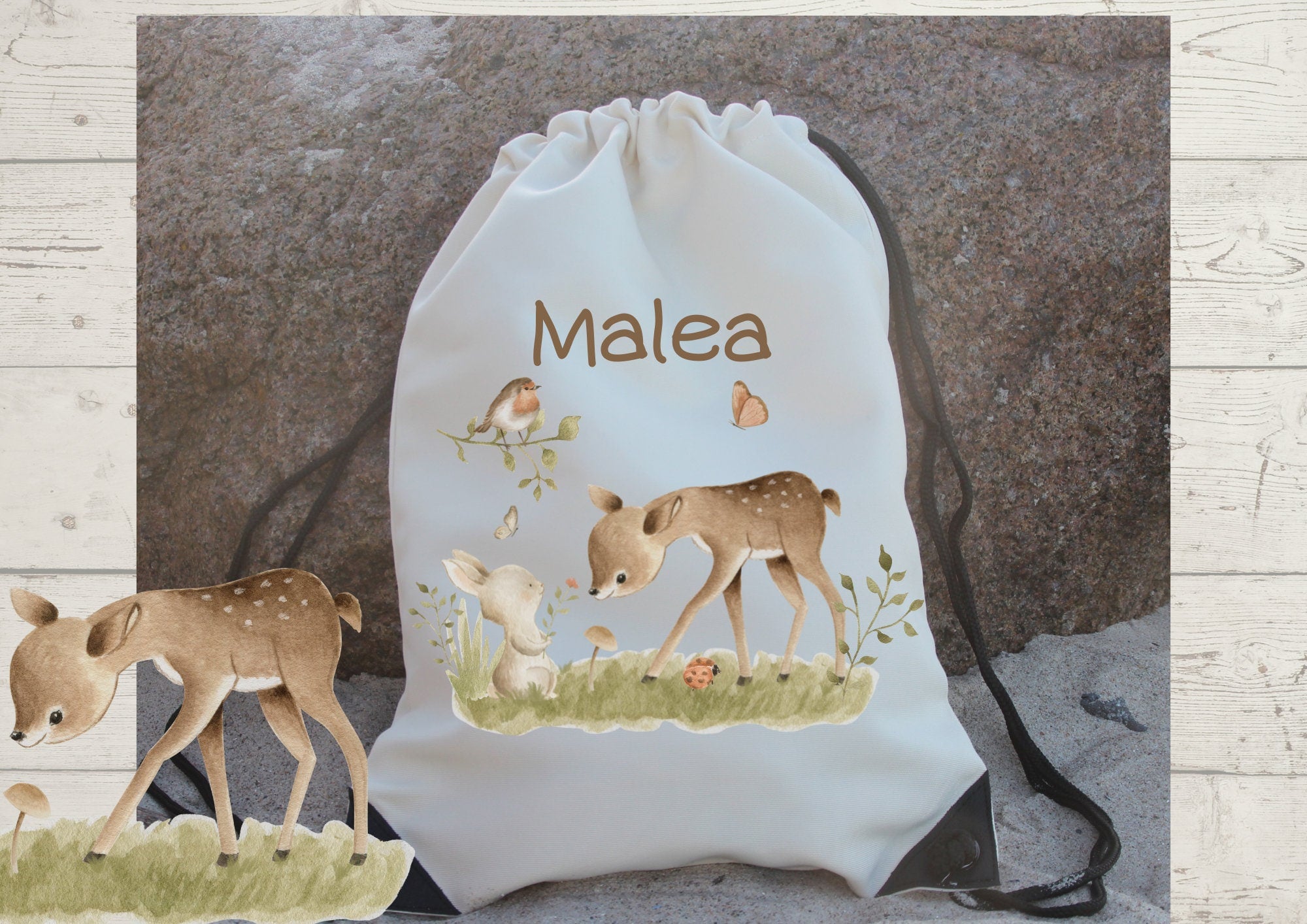 Turnbeutel mit Name personalisiert Waldtiere Reh Hase – Team Sports & Gym Bags