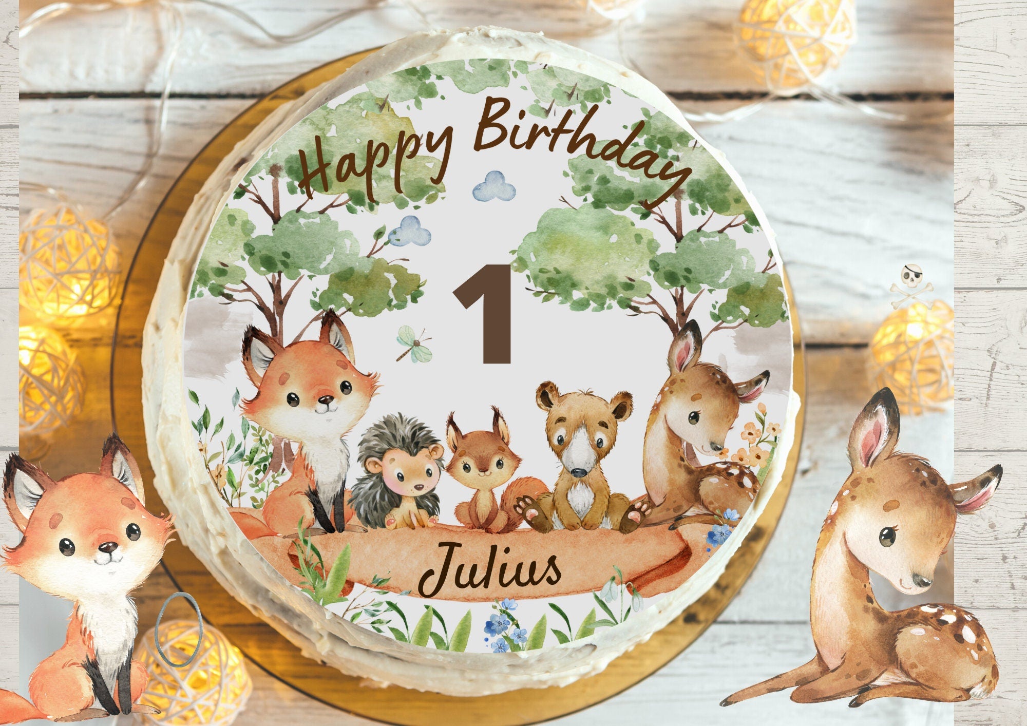 Tortenaufleger Waldtiere – personalisiert mit Name & Alter – essbares Fondantbild Ø 20 cm – vegan und glutenfrei – für den geburtstag – Party Decor