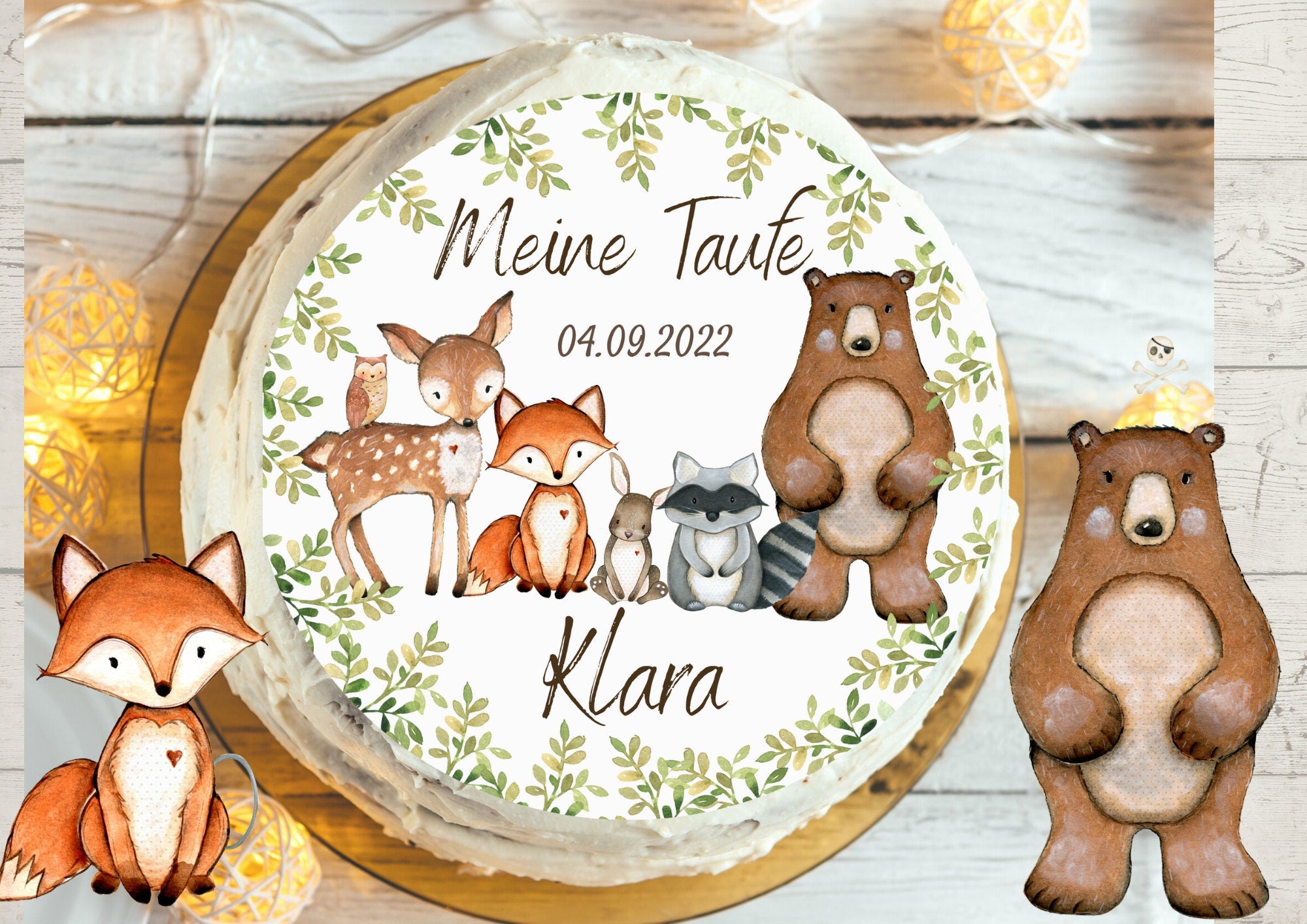 Tortenaufleger Taufe Fondant Taufe Fuchs Bär Hase Waldtiere