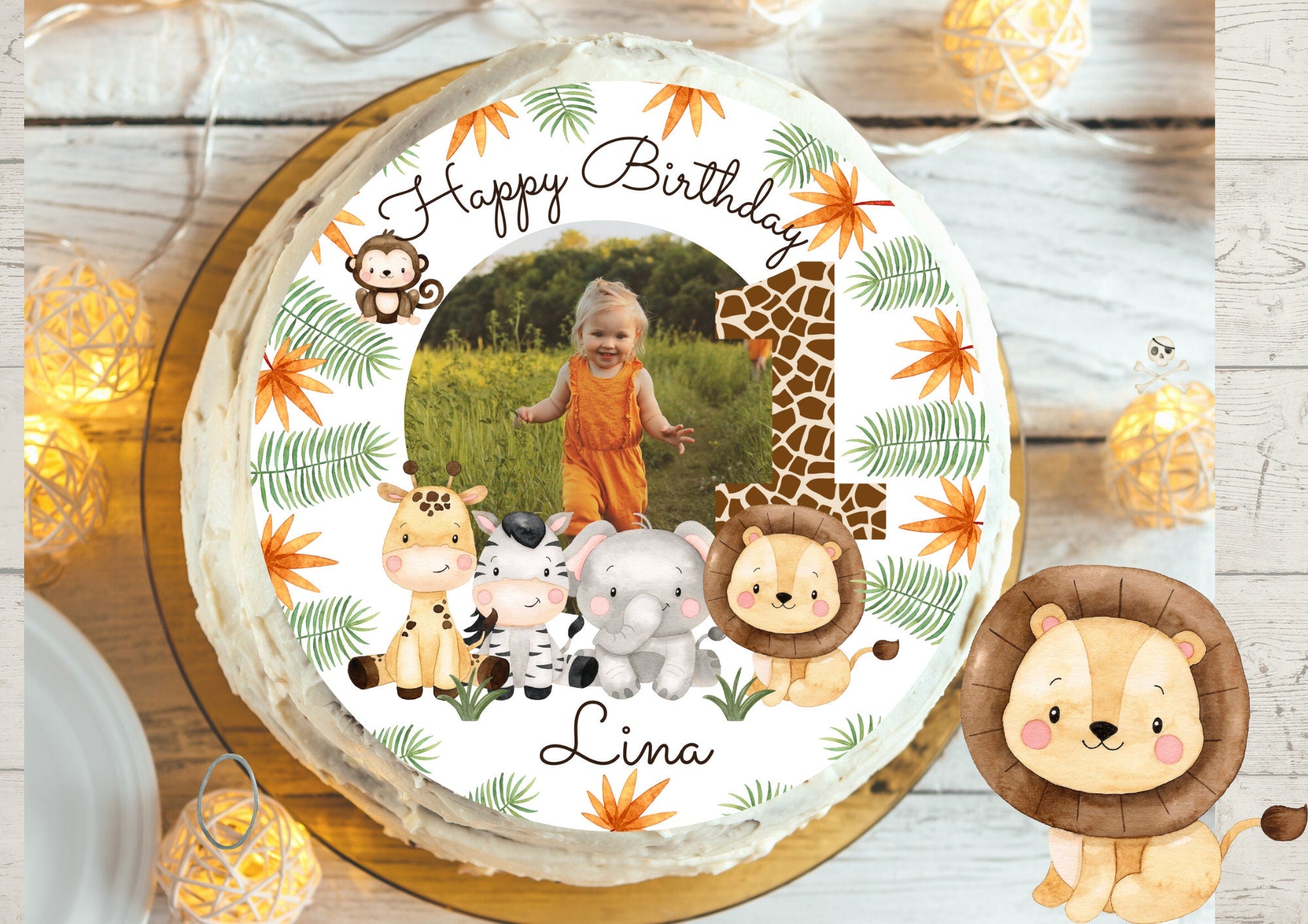 Tortenaufleger mit Foto personalisiert – Fondantbild Dschungel Geburtstag – mit Löwe Safari – Party Decor