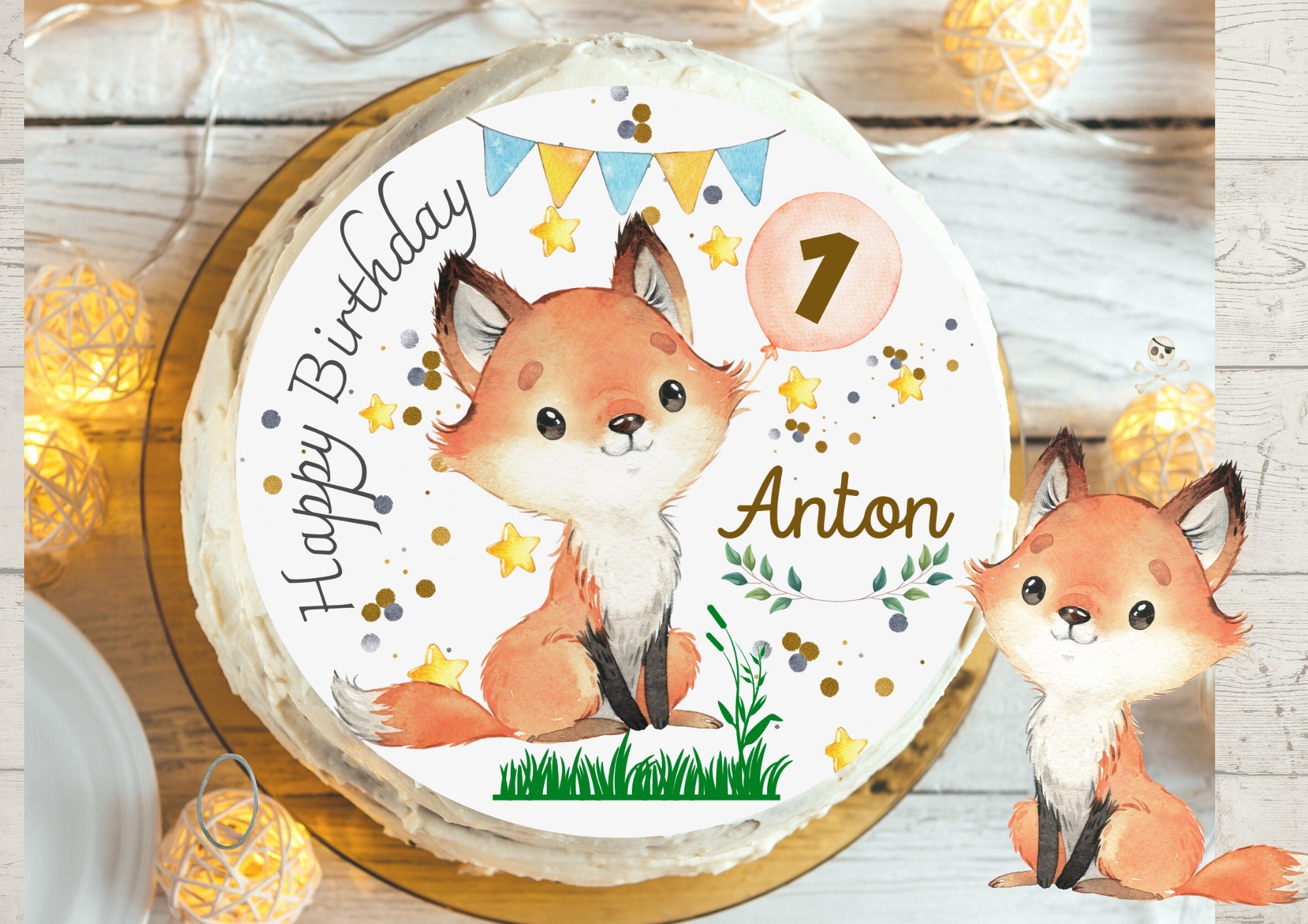 Tortenaufleger Fuchs personalisiert – Fondantbild Geburtstag mit Name & Zahl – Kuchen Deko – Party Decor