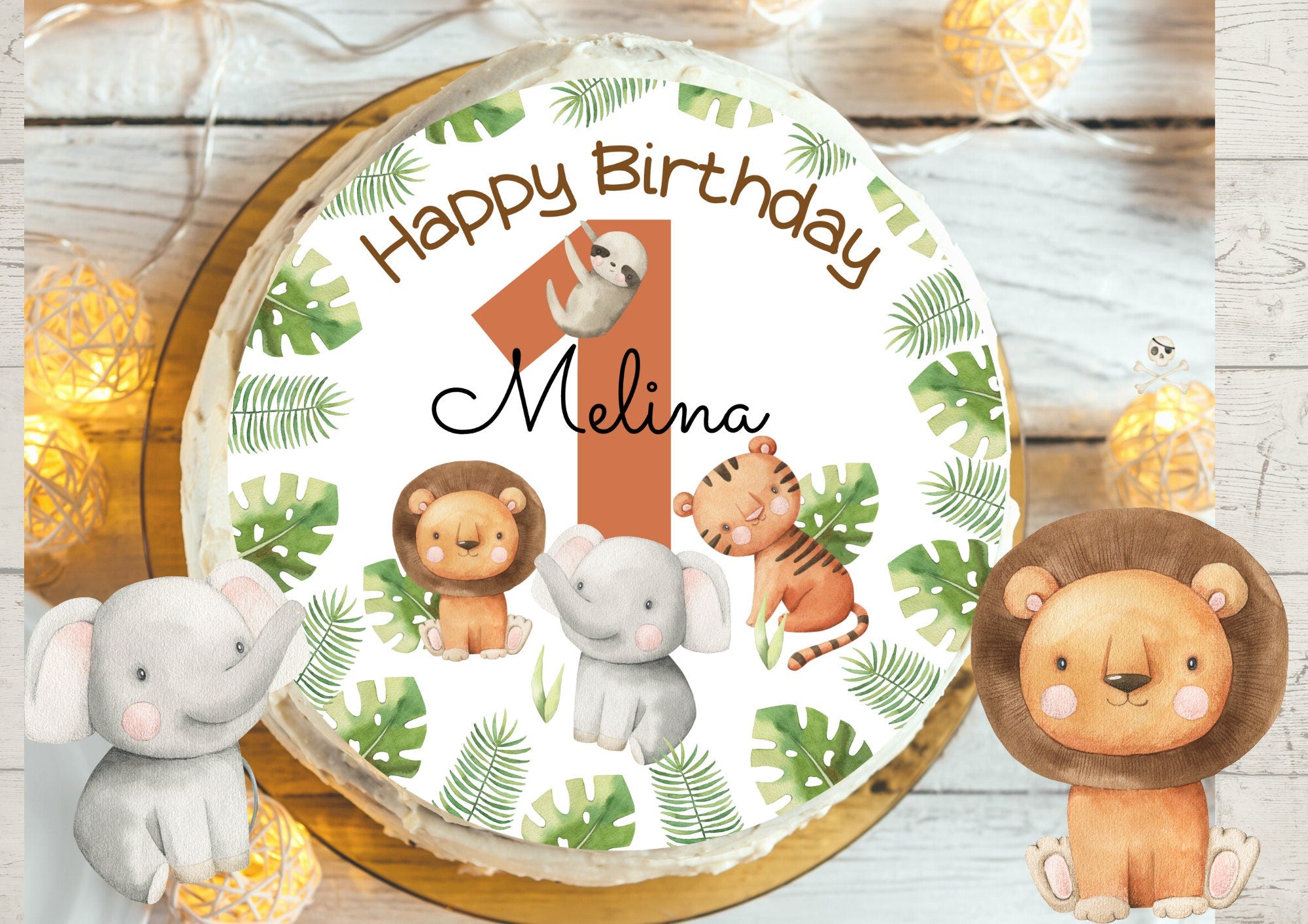 Tortenaufleger Fondant Geburtstag Löwe Elefant Dschungel Safari Safaritiere Wild One – Party Decor