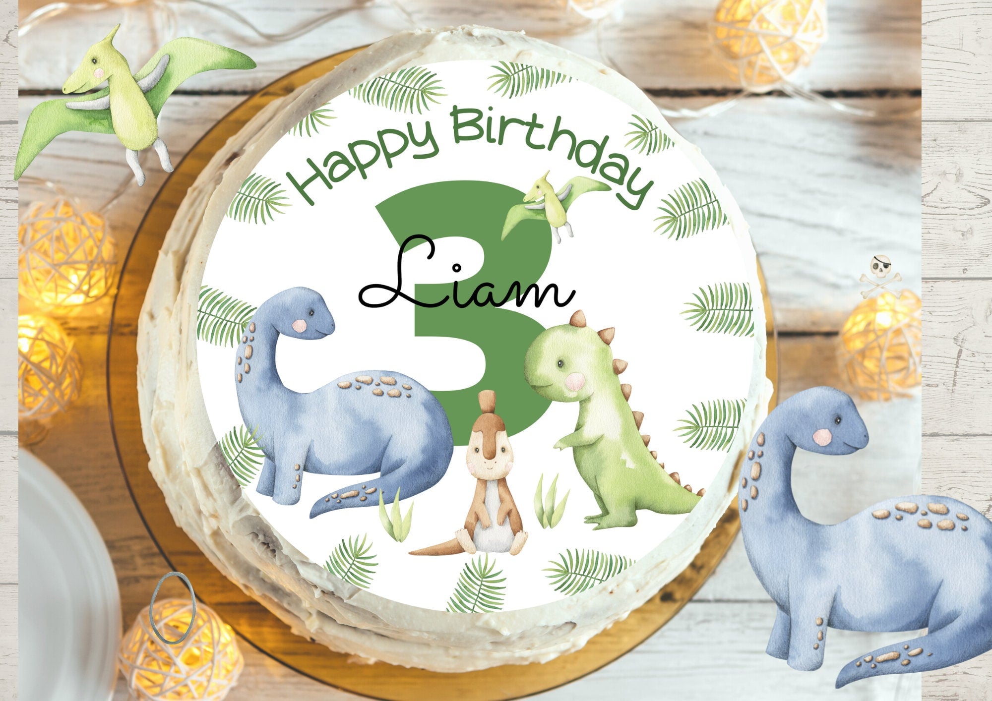 Tortenaufleger Dinosaurier mit Name & Alter – personalisiertes Fondantbild Ø 20 cm – für geburtstag und Dino-Party – Party Decor
