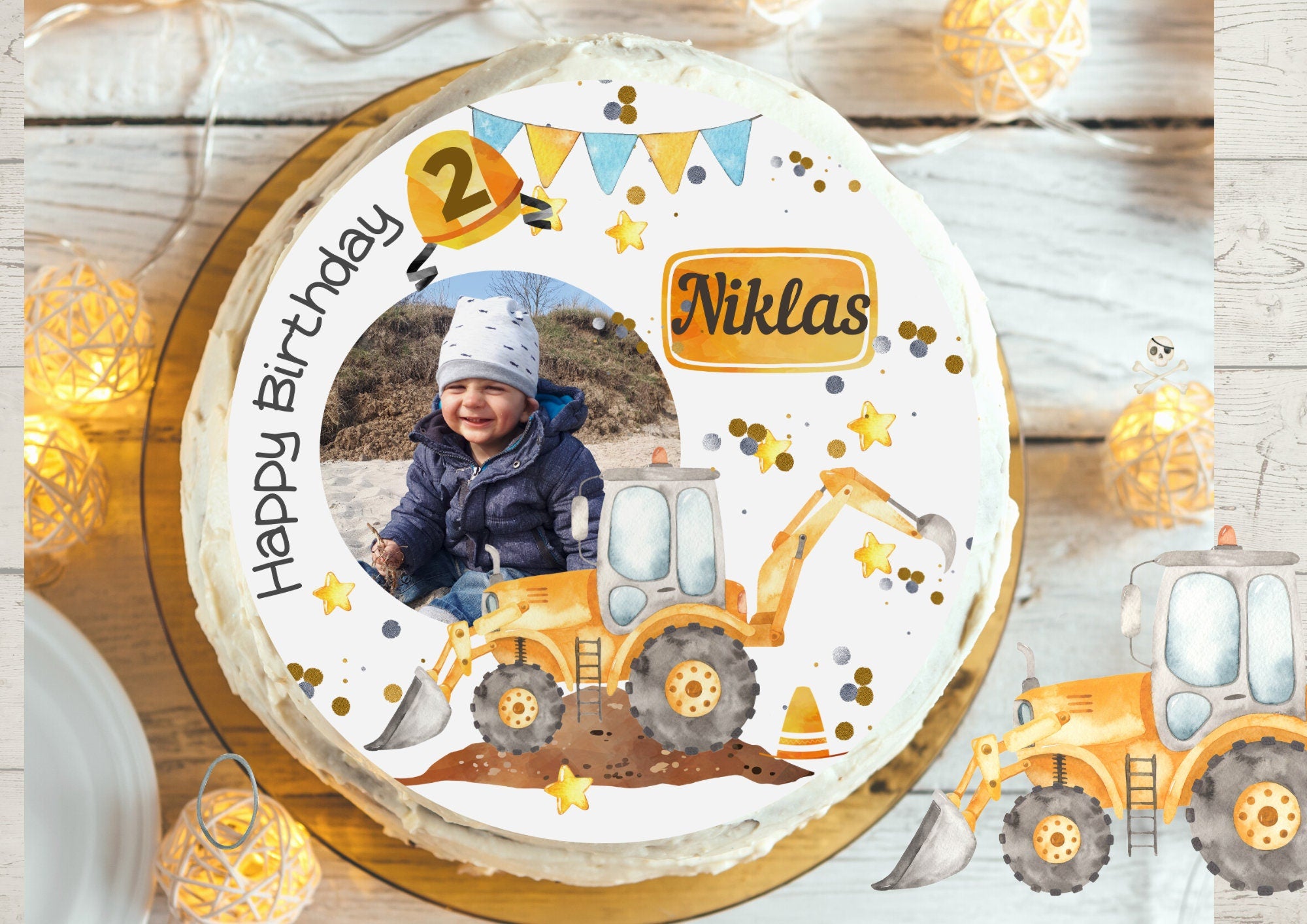 Tortenaufleger mit Baustellenmotiv für Kindergeburtstag – personalisiert mit Foto, Bagger, Kran und Baustellendeko, essbar auf Fondant