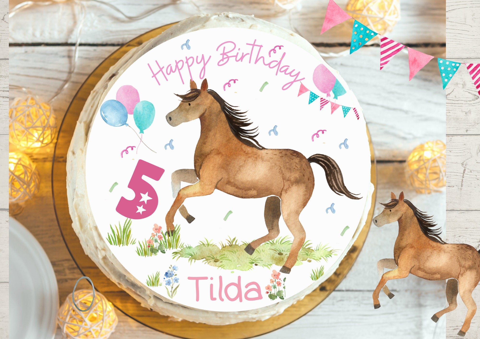 Essbarer Tortenaufleger mit Pferd oder Pony aus Fondant – rund 20 cm – für Kindergeburtstag, personalisiert mit Name