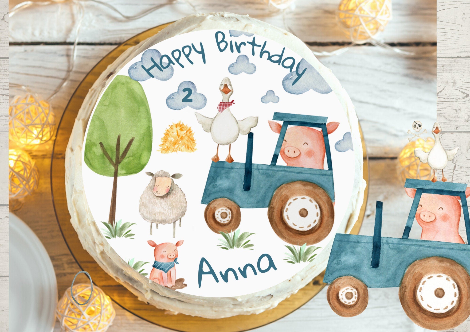 Tortenaufleger blauer Traktor – personalisiert mit Name & Alter – Bauernhoftiere – essbar – Ø 20 cm – Fondantbild Geburtstag – Party Decor