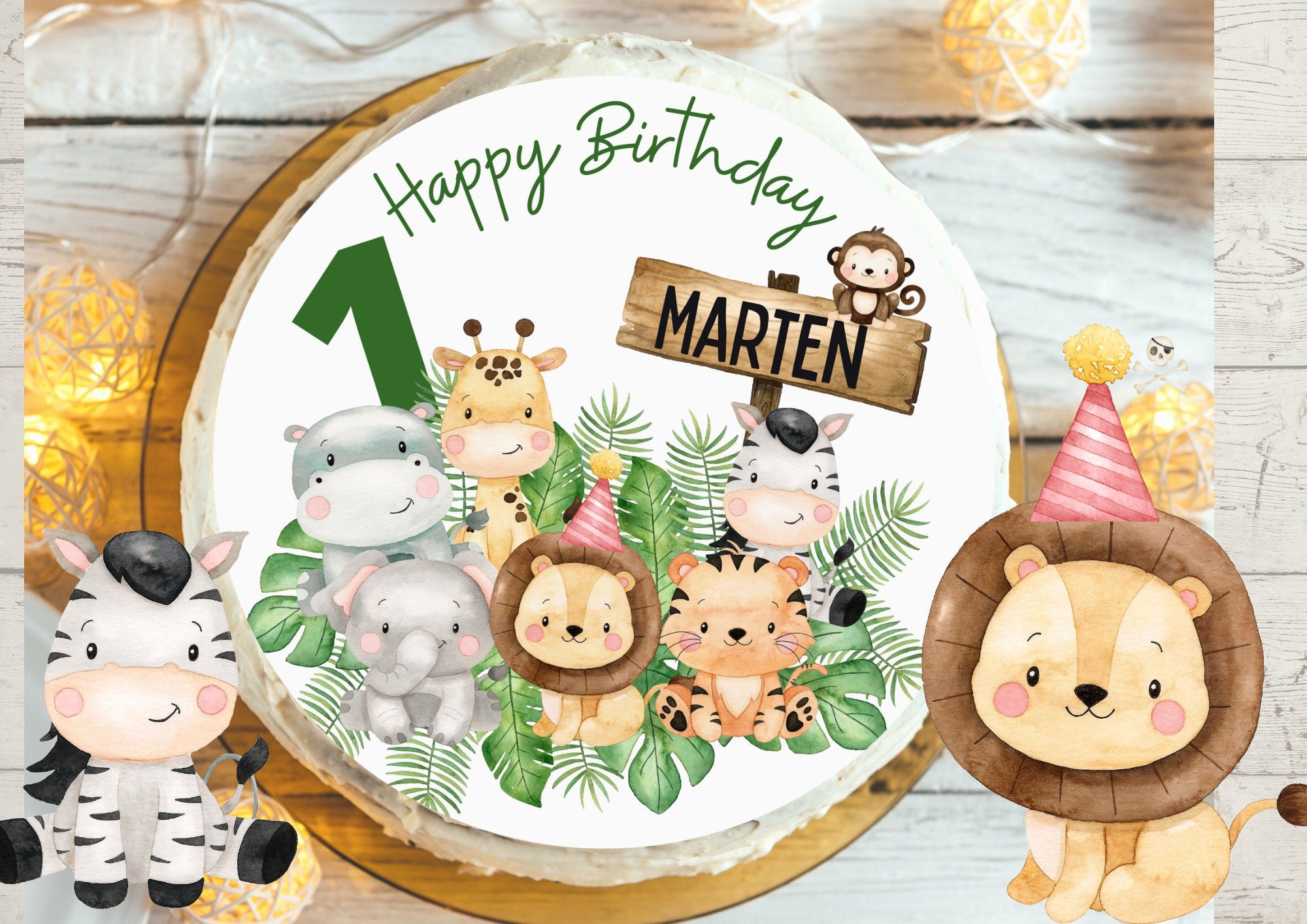 Tortenaufleger Fondant Geburtstag Löwe Elefant Dschungel Safari Safaritiere Wild One – Party Decor