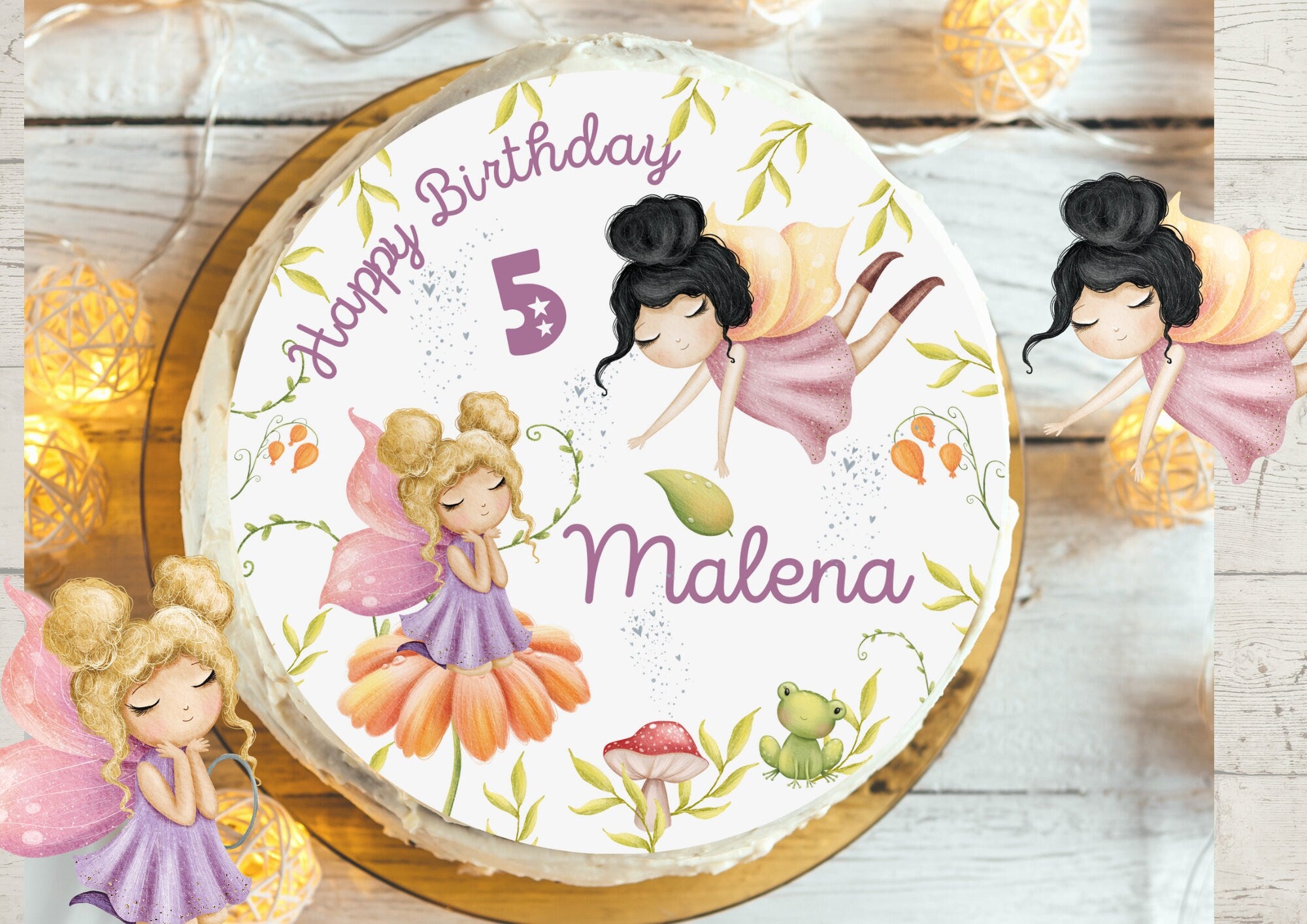 Tortenaufleger Fee & Elfe – Essbarer Fondant für – Geburtstag Deko, Ø 20 cm, runder Tortenaufleger – Party Decor