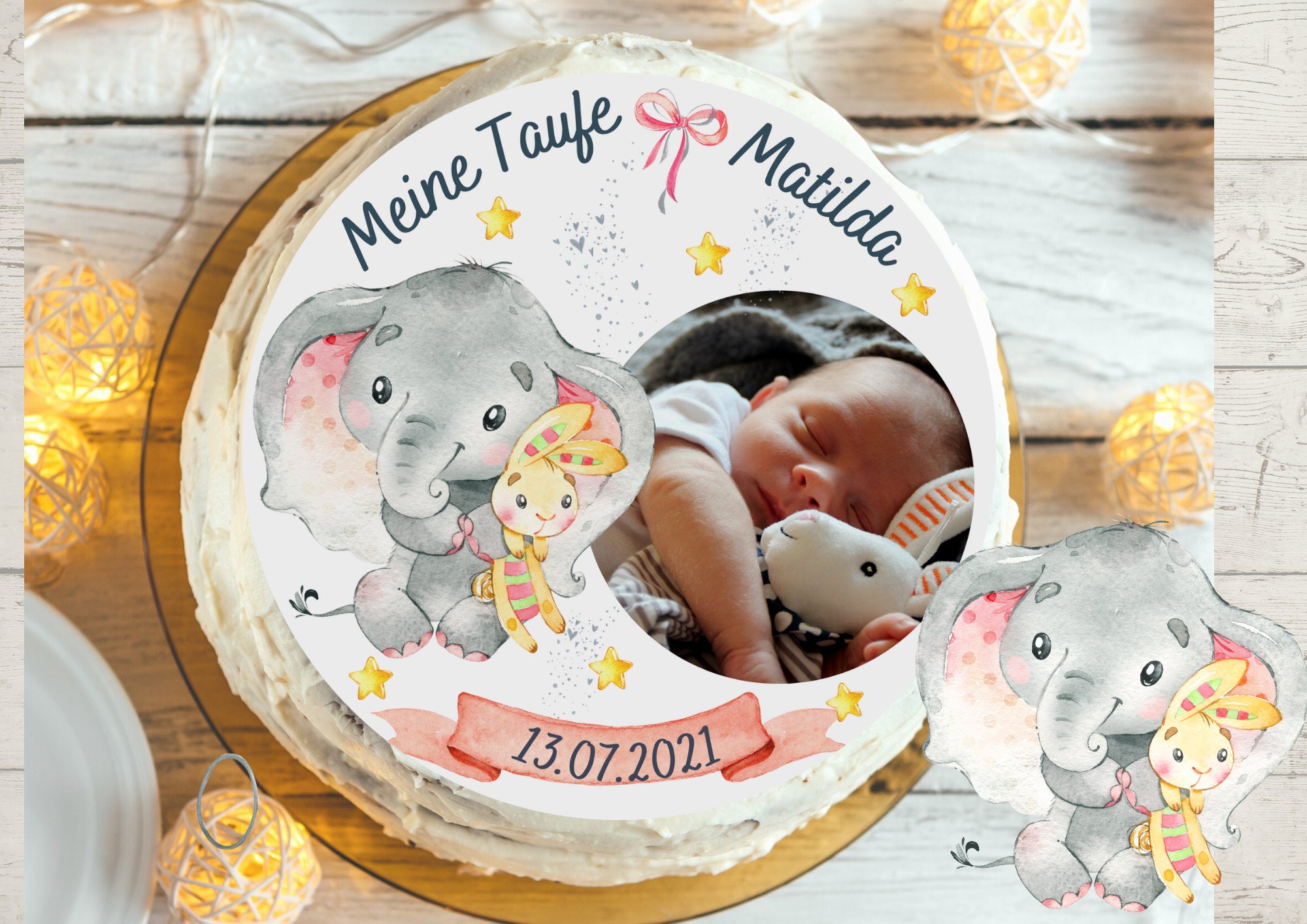 Tortenaufleger für die Taufe mit Foto Fondant Taufe Elefant Baby rosa