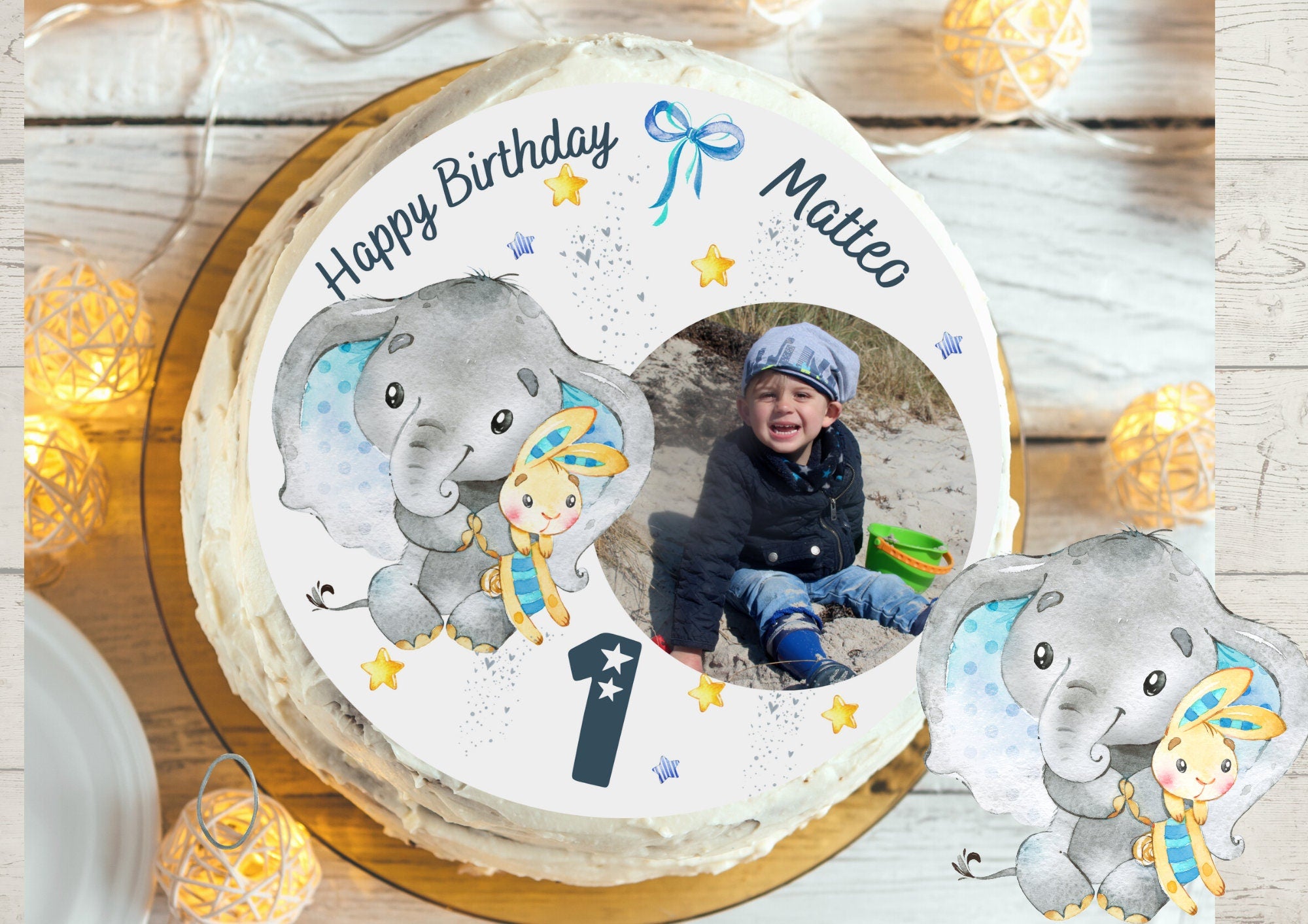 Tortenaufleger mit Foto Fondant Geburtstag Elefant Baby blau süß – Party Decor