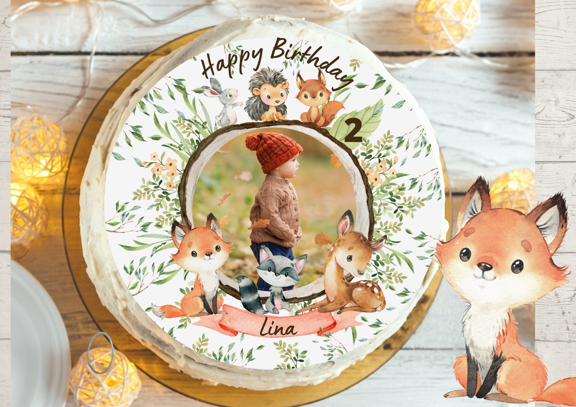 Tortenaufleger mit Foto Fondant Geburtstag Waldtiere Fuchs Reh Waschbär – Party Decor