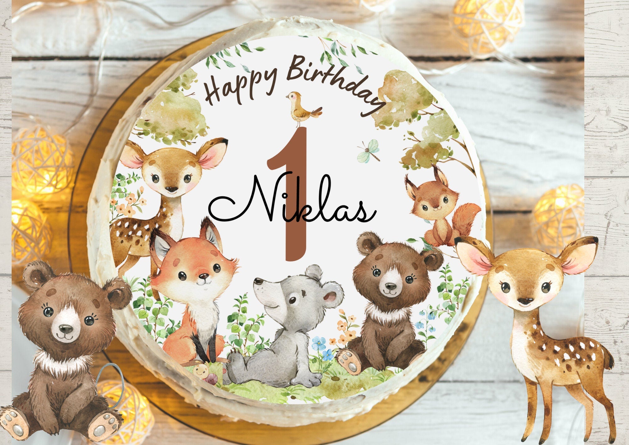 Essbarer Tortenaufleger mit Waldtieren – Fuchs, Reh, Bär und Eichhörnchen – aus Fondant, rund 20 cm, für Kindergeburtstag oder Wald-Motto-Torten