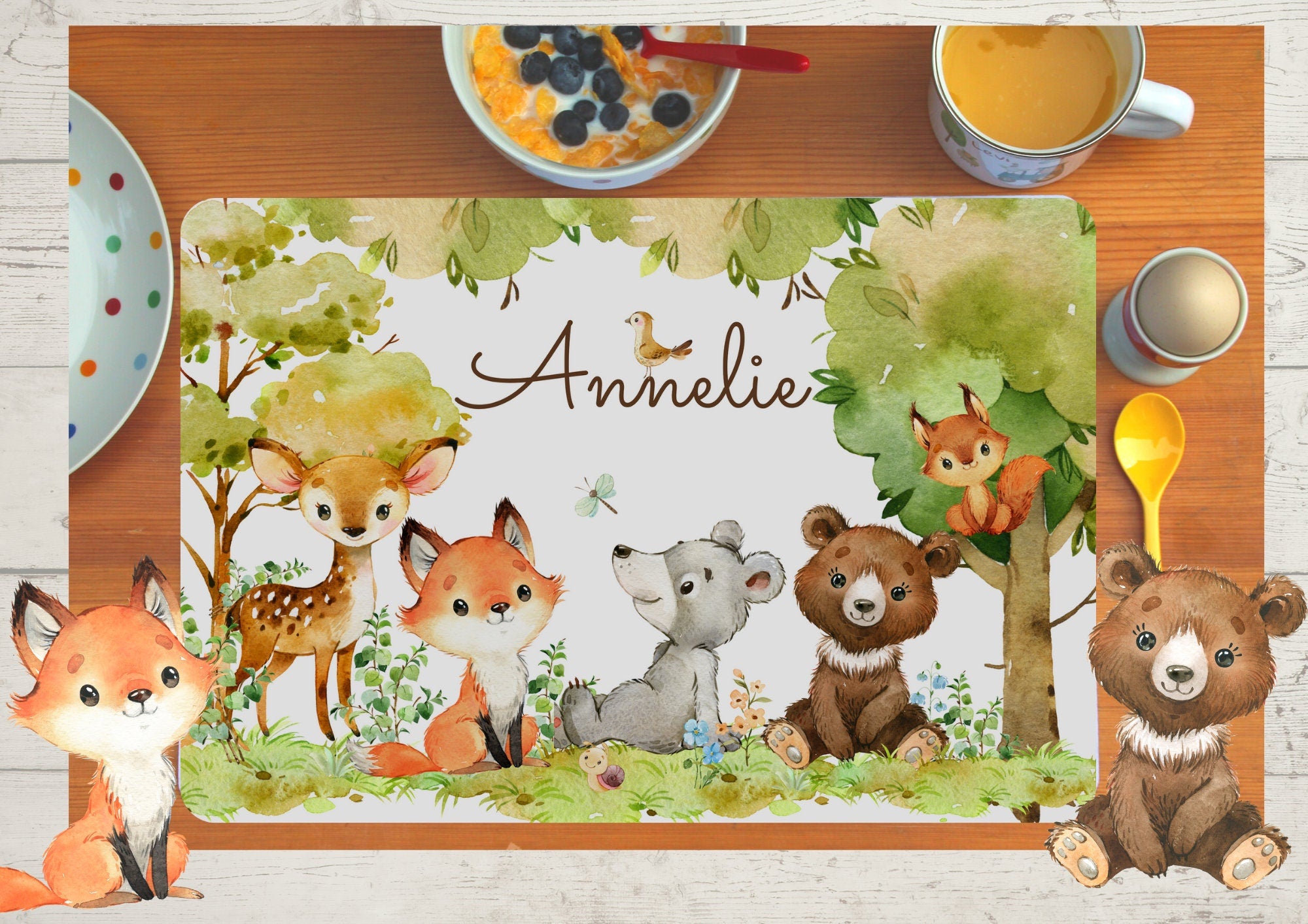 Platzdeckchen mit Name Waldtiere Fuchs Bär – Placemats